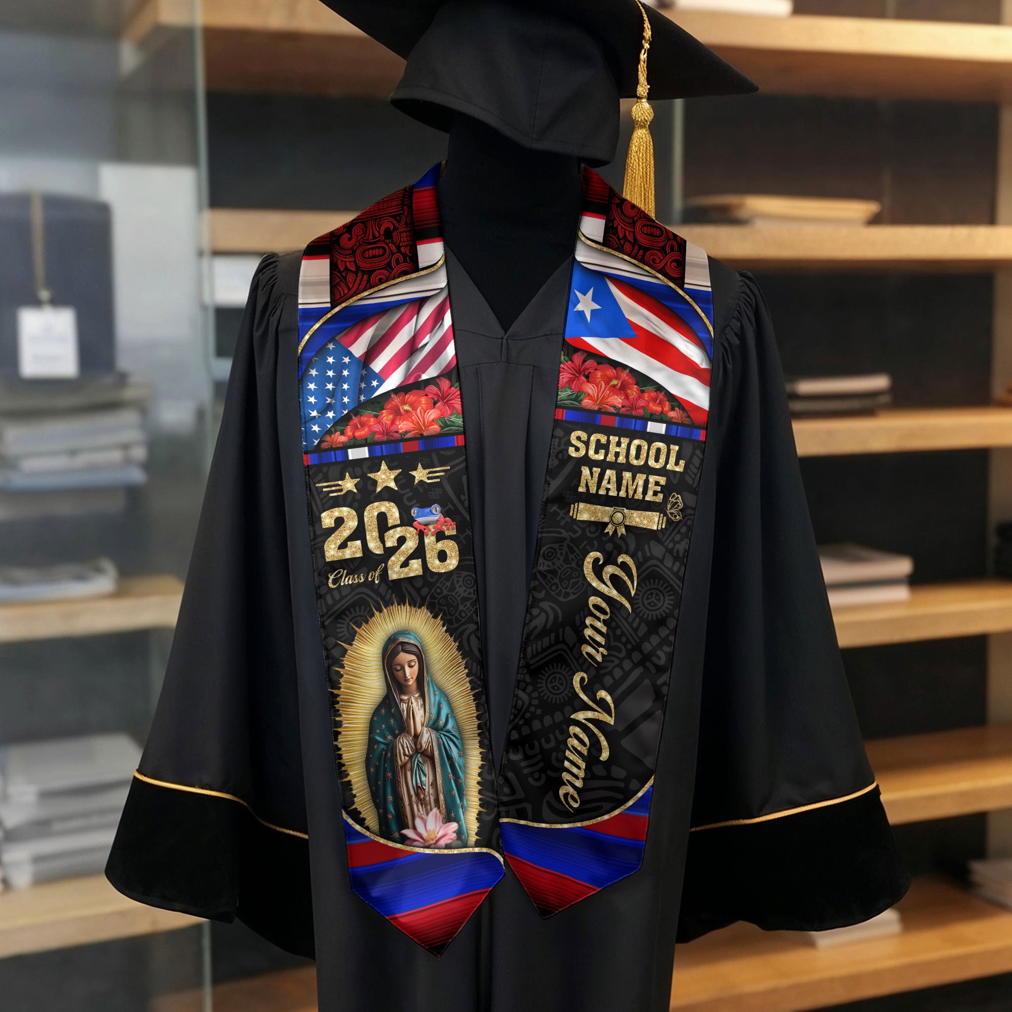 Customized Puerto Rico Graduation Stole with Patriotic Flag Motif, Graduation Sash Class of 2026