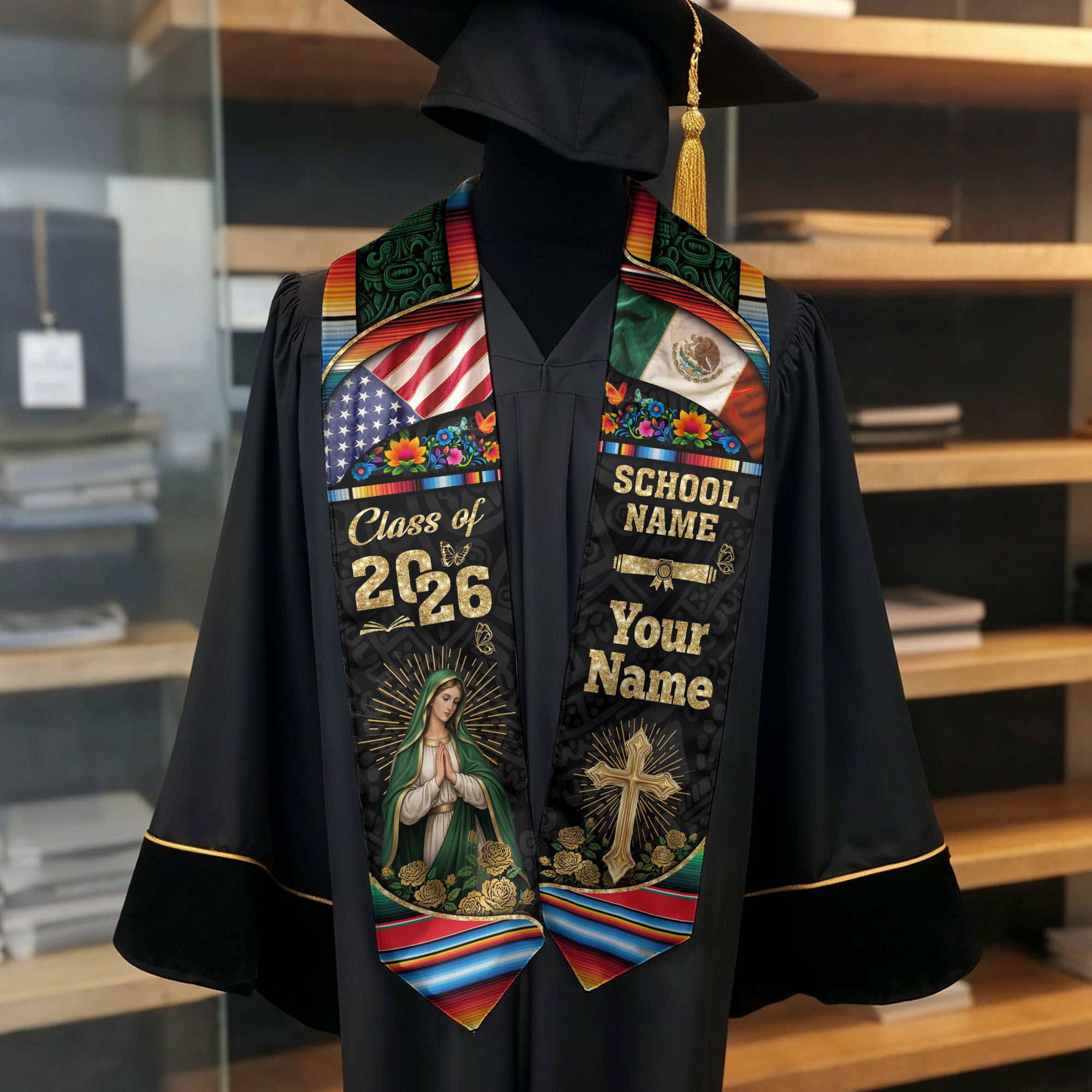 Mexico Graduation Sash 2026, Mexican Stole for Seniors, Mexican American Flag Grad Sash