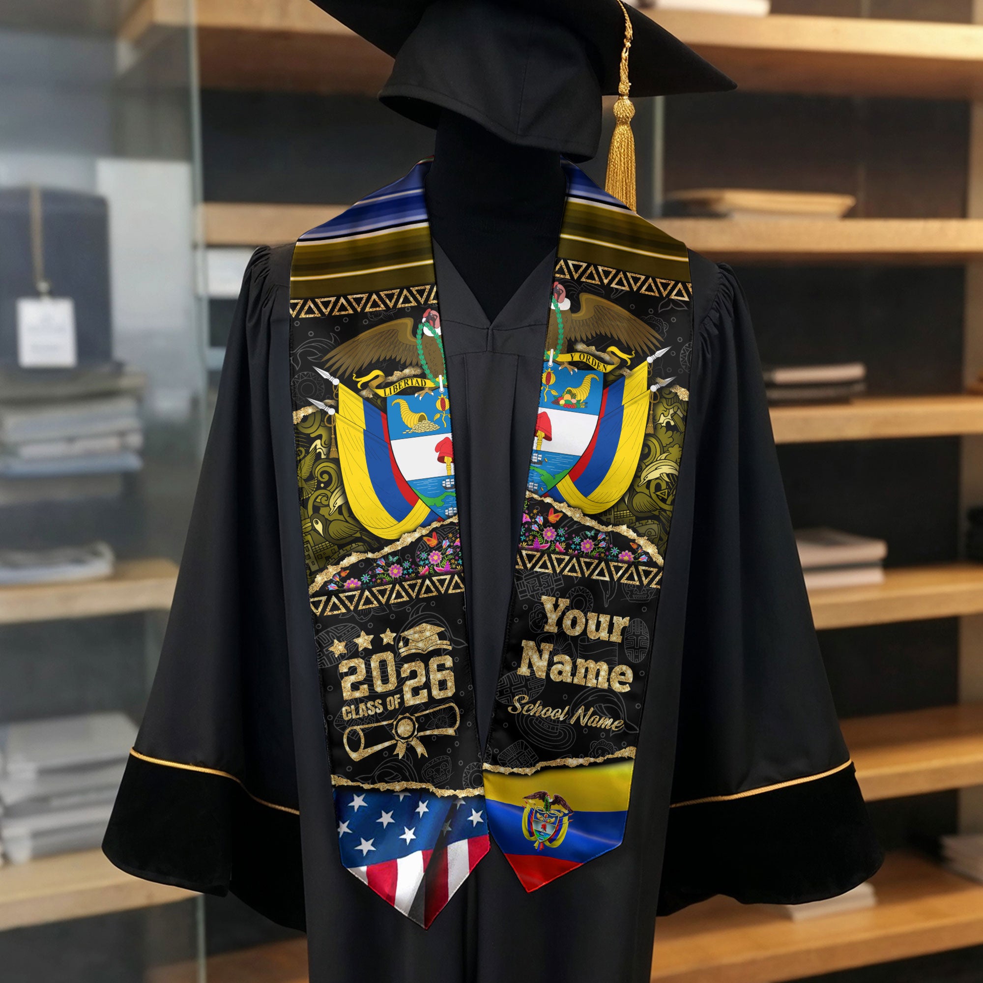 Customized Colombia Graduation Stole with Colombian Flag Theme, Graduation Sash for Class of 2026