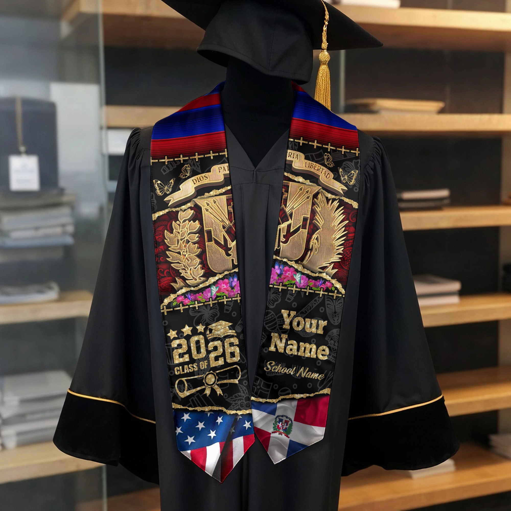 Customized Dominican Graduation Stole with Flag Inspired Design, Graduation Sash for Class of 2026