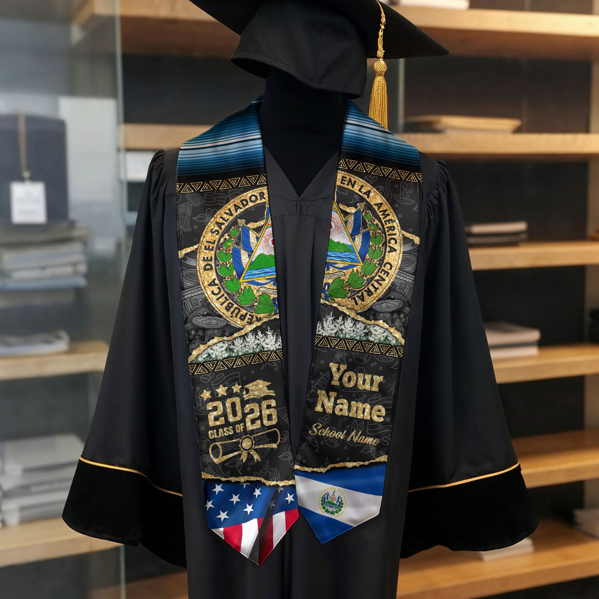 Customized El Salvador Graduation Stole Featuring Salvadoran Flag Accents, Graduation Sash 2026