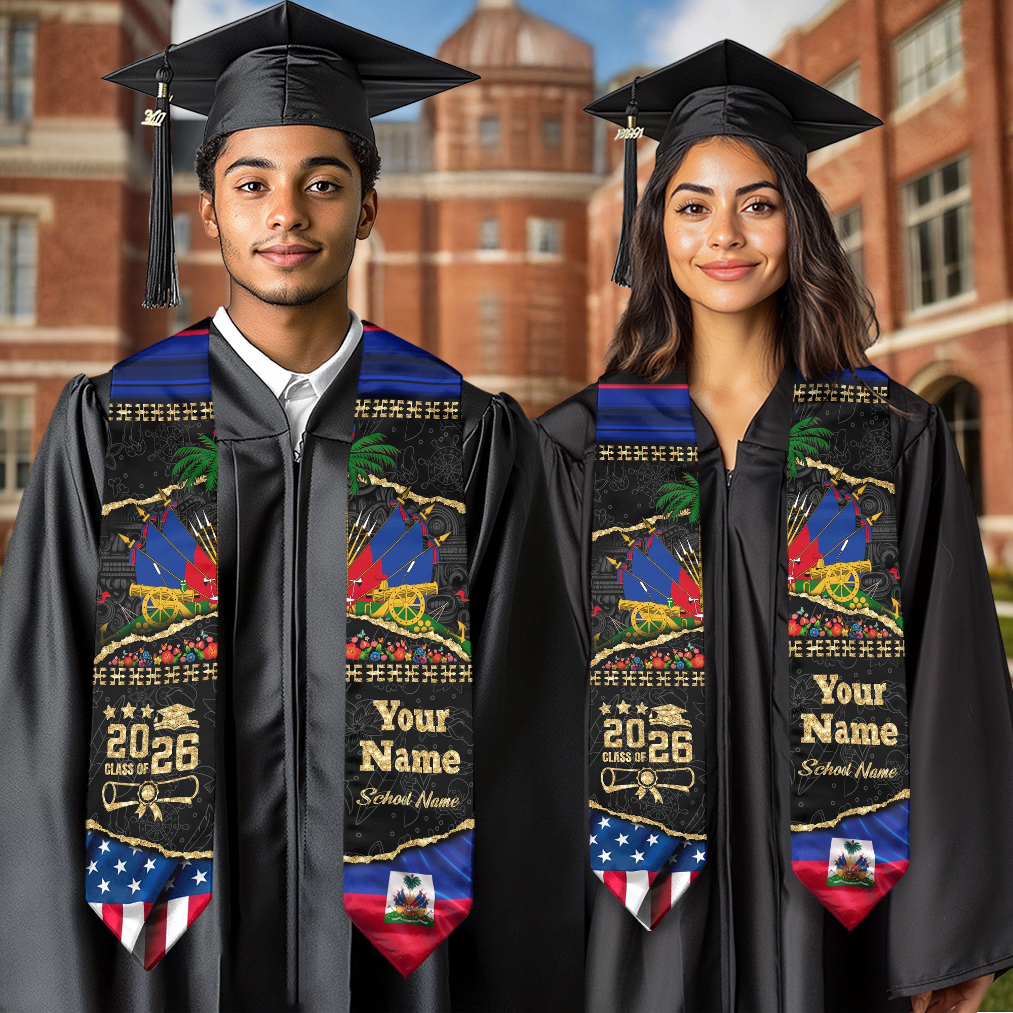 Customized Haiti Graduation Stole with Haitian Flag Elements, Graduation Sash for Class of 2026