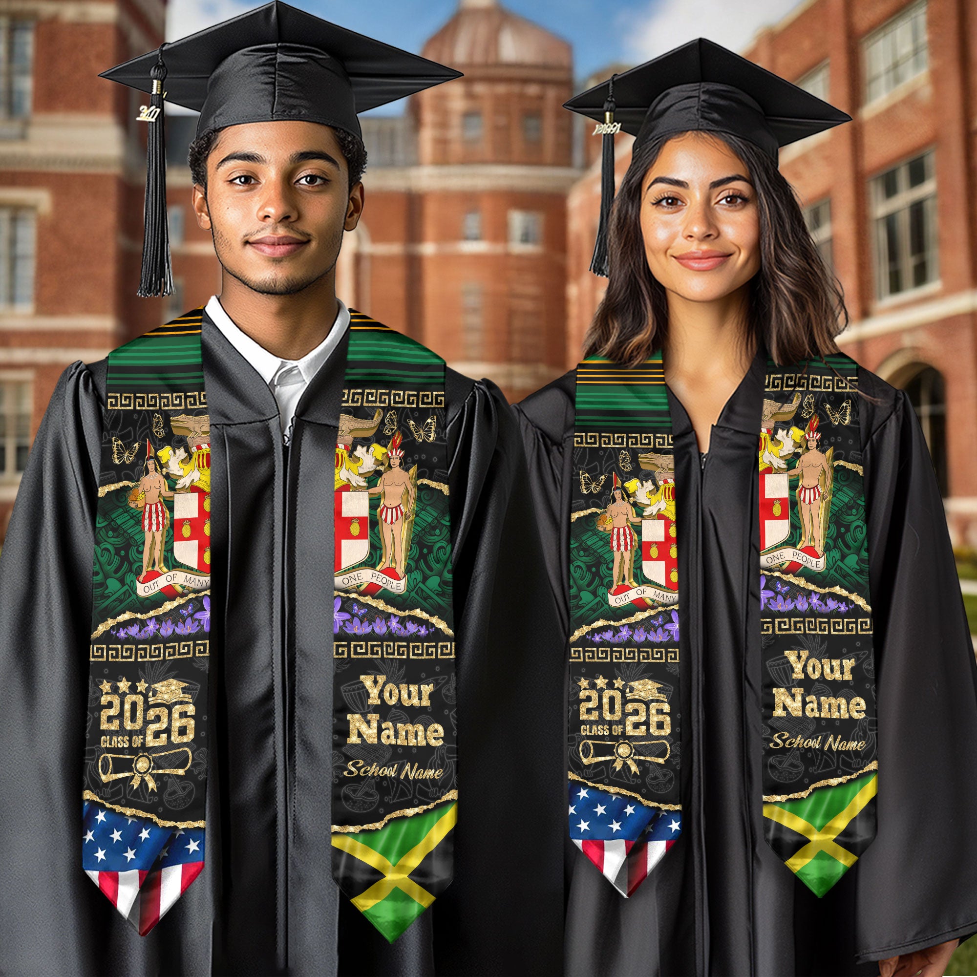Customized Jamaica Graduation Stole with Cultural Flag Theme, Graduation Sash for Class of 2026