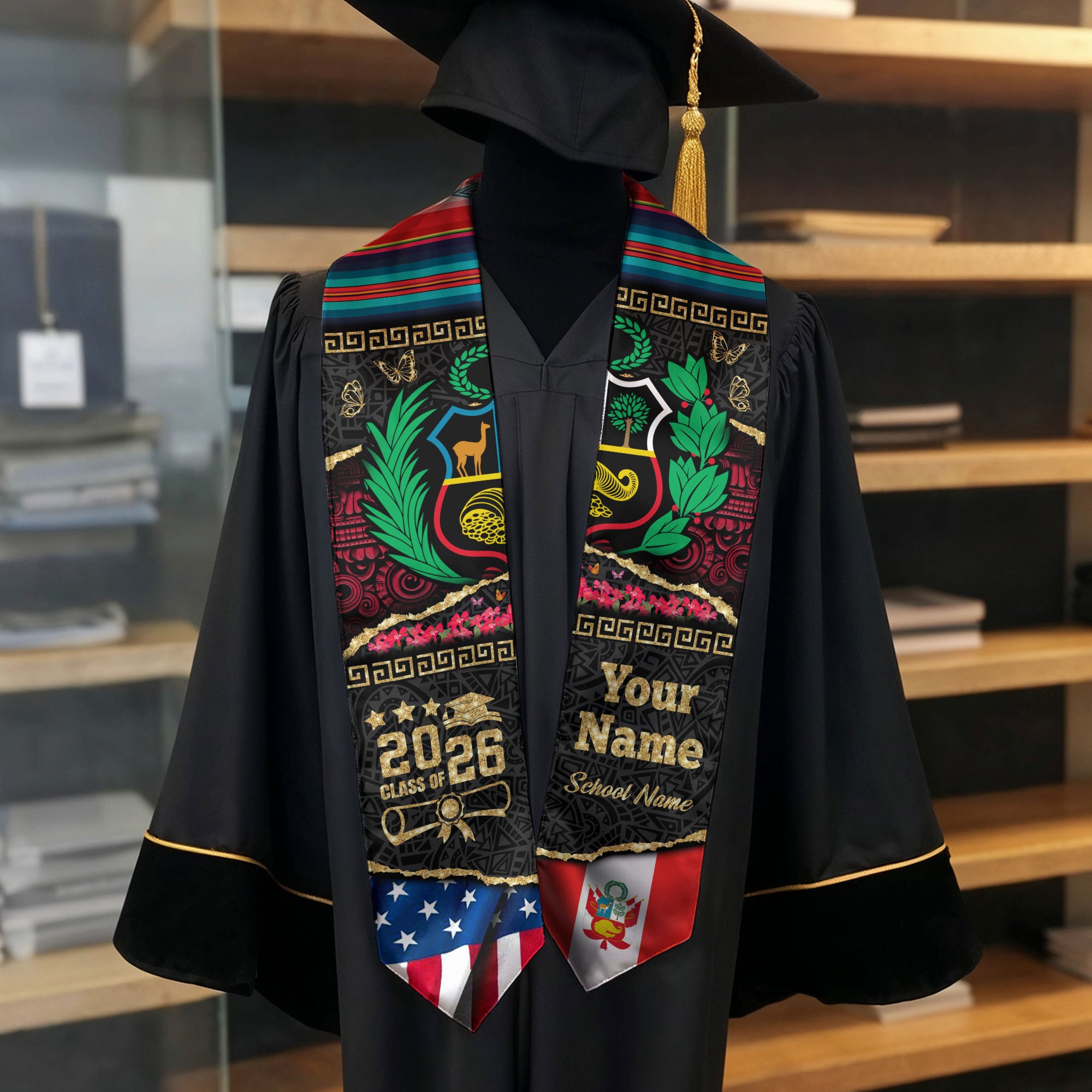 Customized Peru Graduation Stole Featuring Peruvian Flag Colors, Graduation Sash Class of 2026