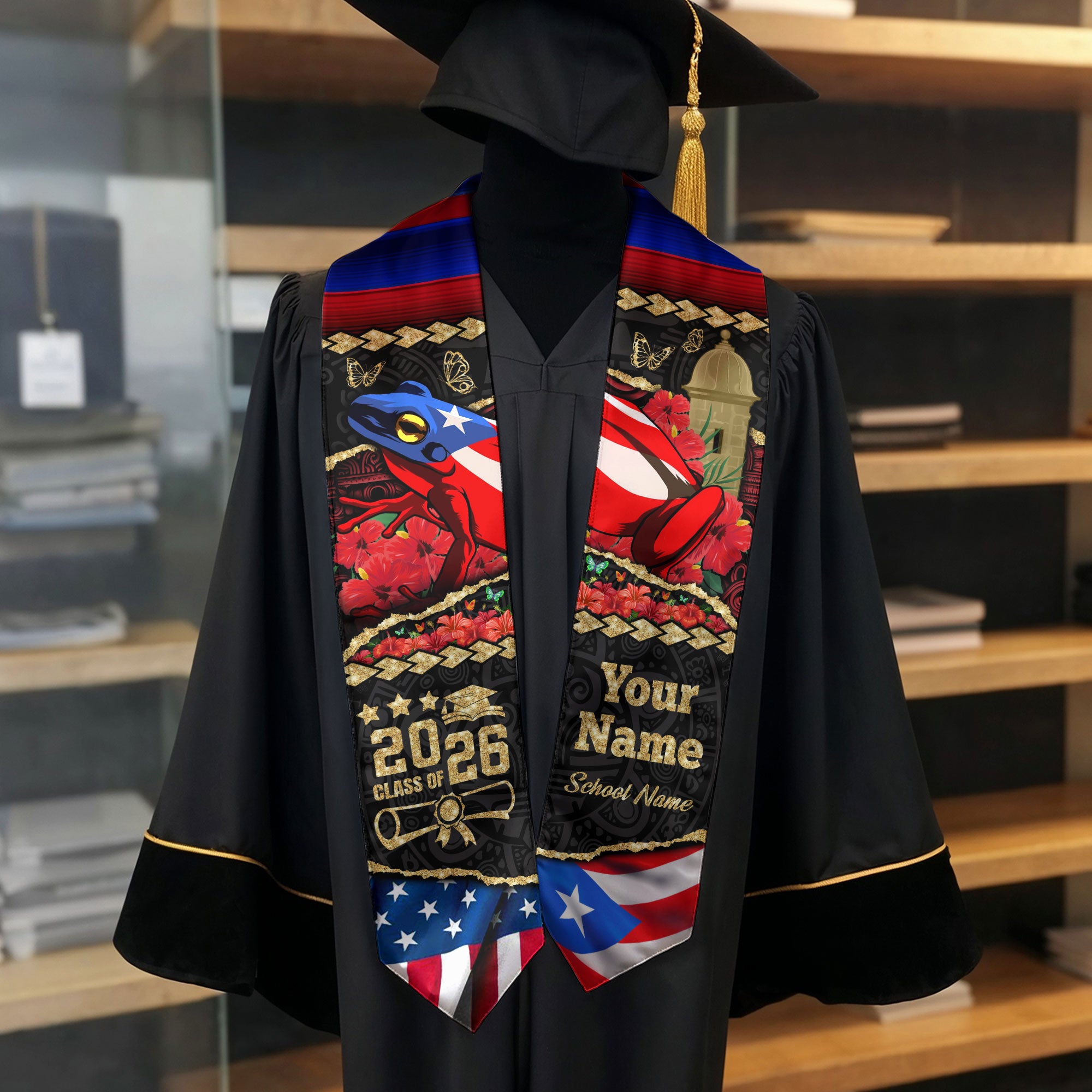 Customized Puerto Rico Graduation Stole with Flag Heritage Design, Graduation Sash for Class of 2026