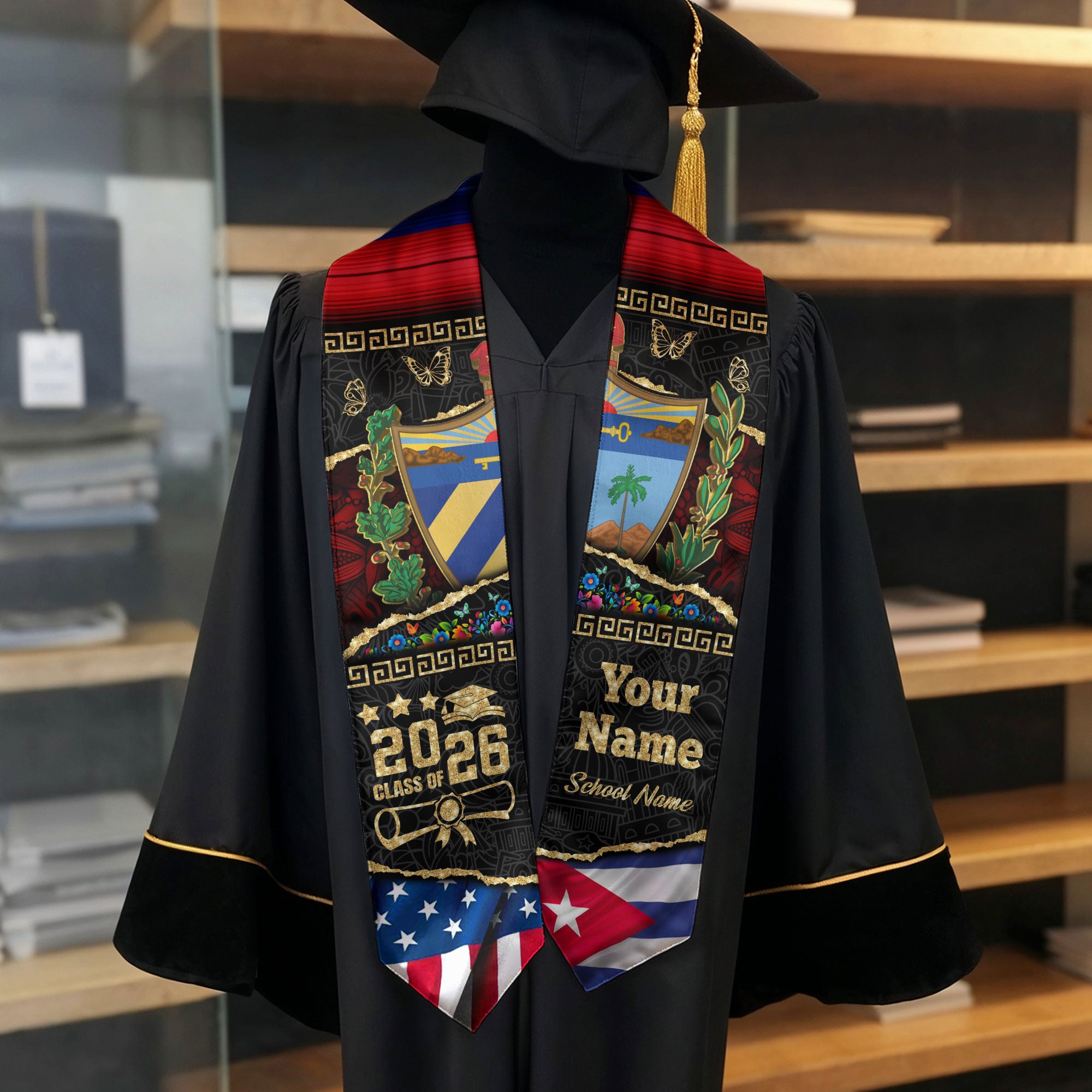 Customized Cuba Graduation Stole Featuring Cuban Flag Style, Graduation Sash Class of 2026