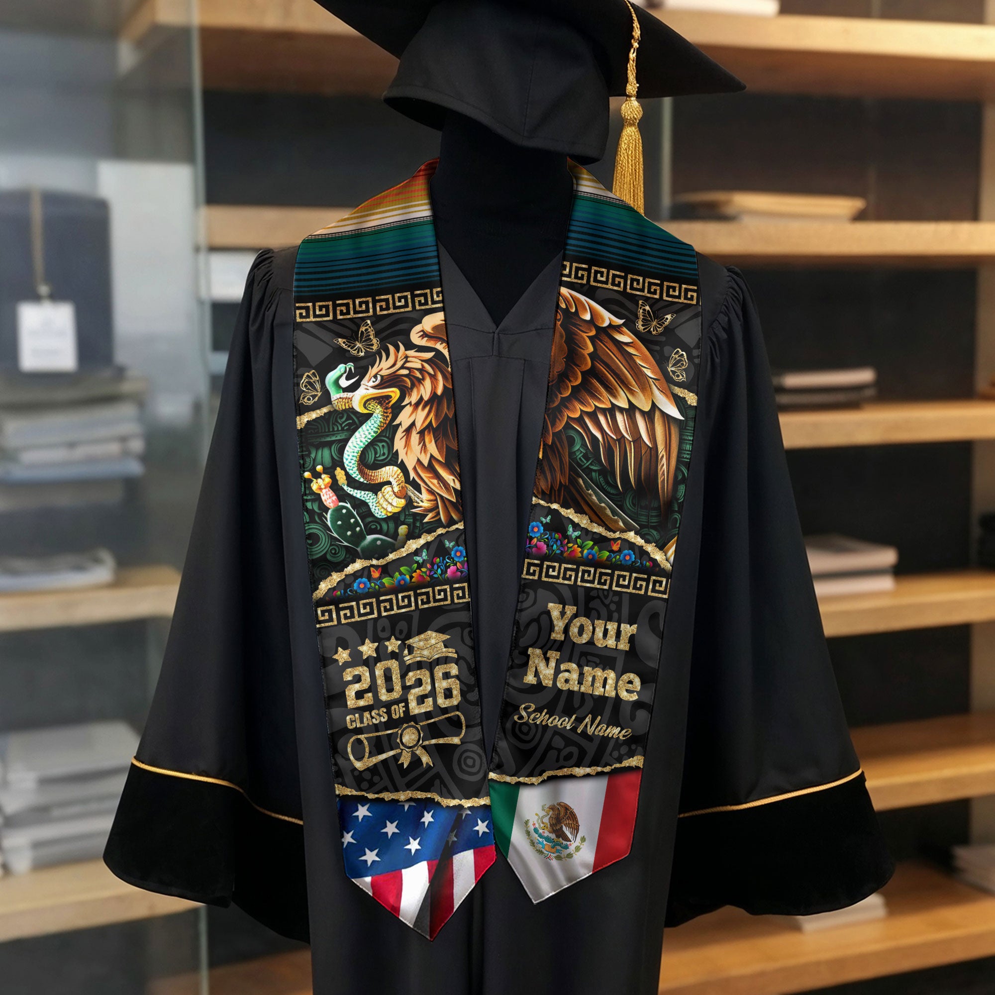 Mexican American Flag Graduation Stole 2026, Mexico Stole Sash, Mexican Grad Accessory