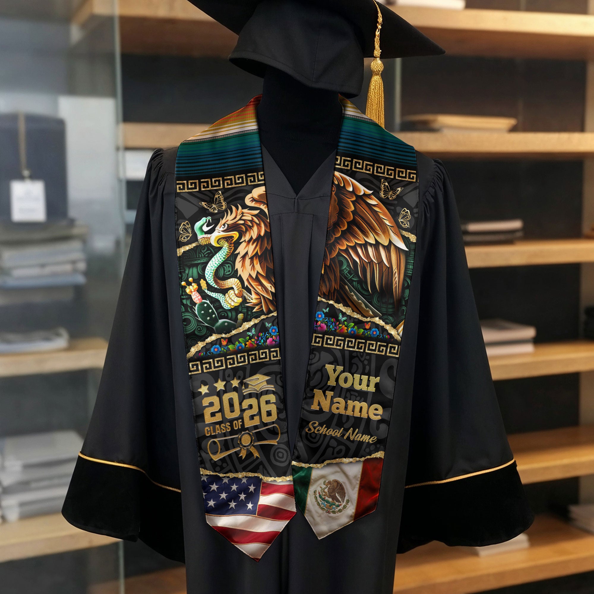 Mexican American Flag Graduation Stole 2026, Mexico Stole Sash, Mexican Grad Accessory