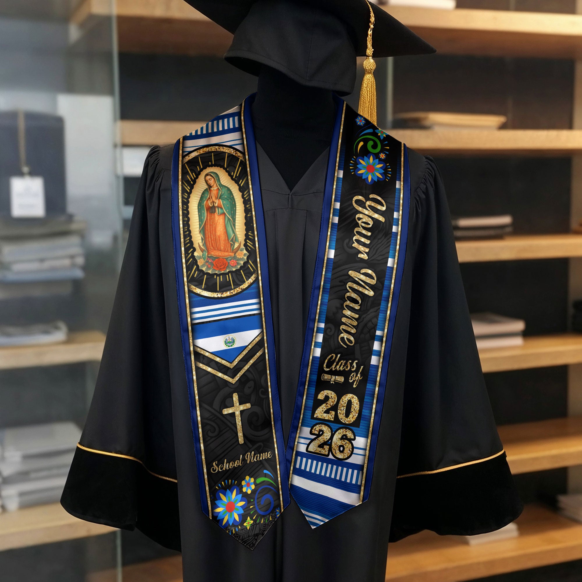 Customized El Salvador Graduation Stole Highlighting Salvadoran Flag Design, Graduation Sash for 2026