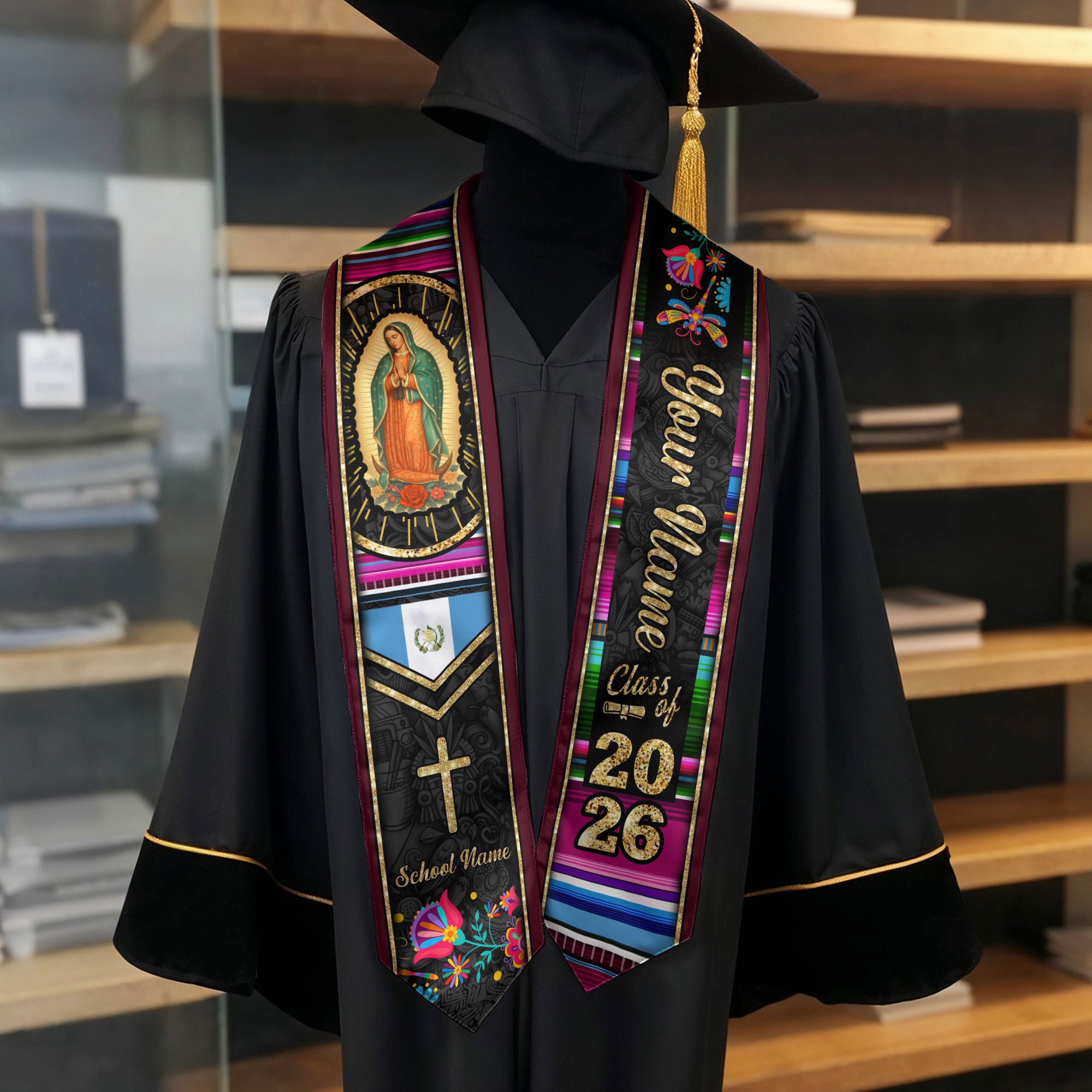 Customized Guatemala Graduation Stole with Guatemalan Flag Heritage Pattern, Graduation Sash Class of 2026