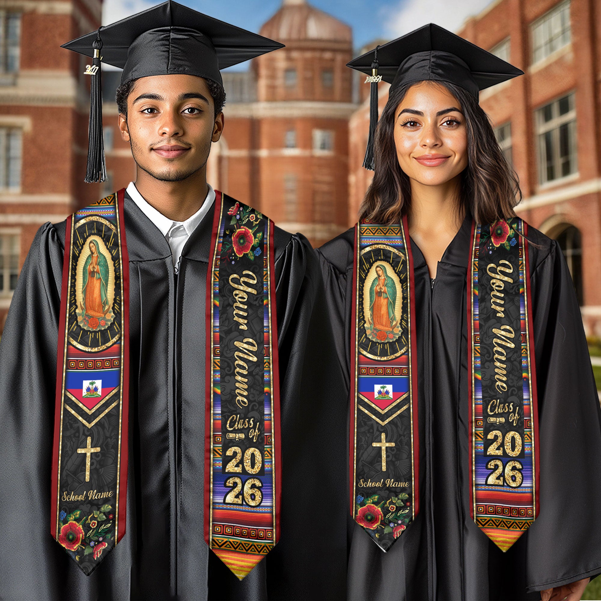 Customized Haiti Graduation Stole Featuring Haitian Flag Motif, Graduation Sash for the Class of 2026