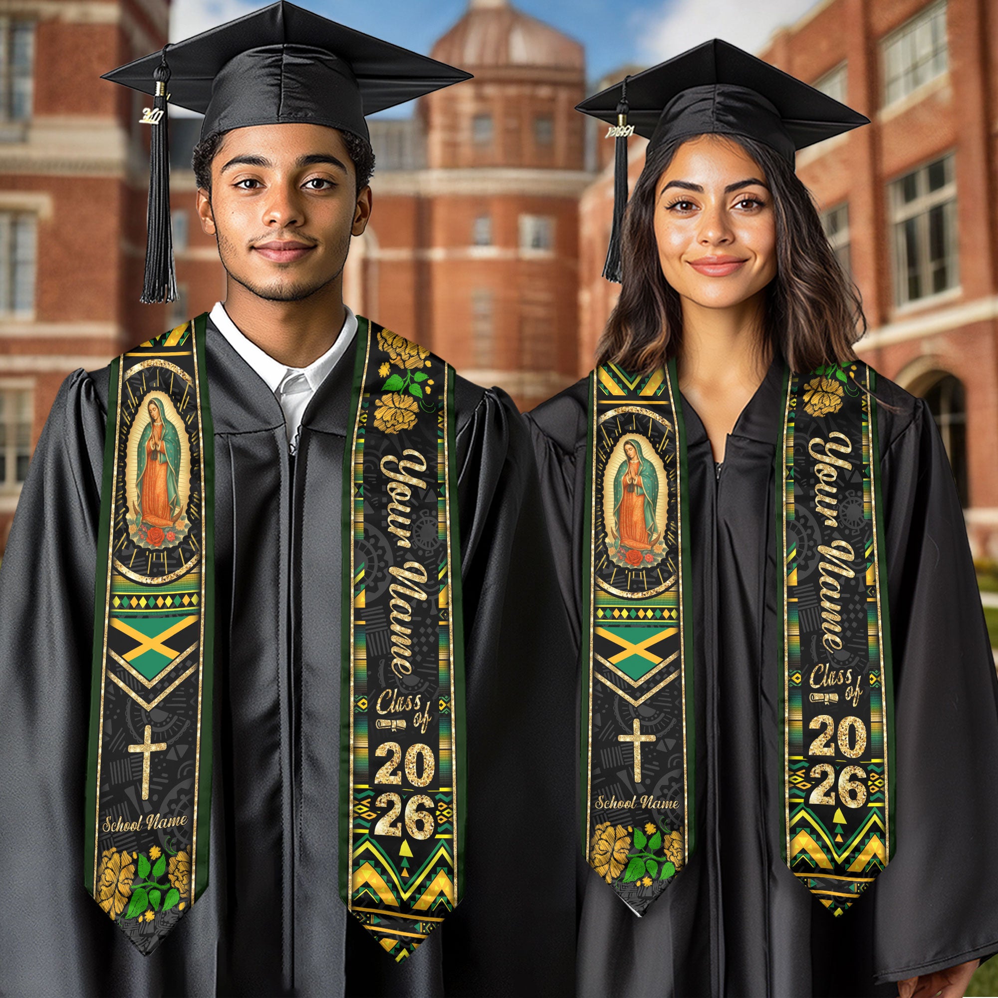 Customized Jamaica Graduation Stole Showcasing Jamaican Flag Colors, Graduation Sash for Class of 2026