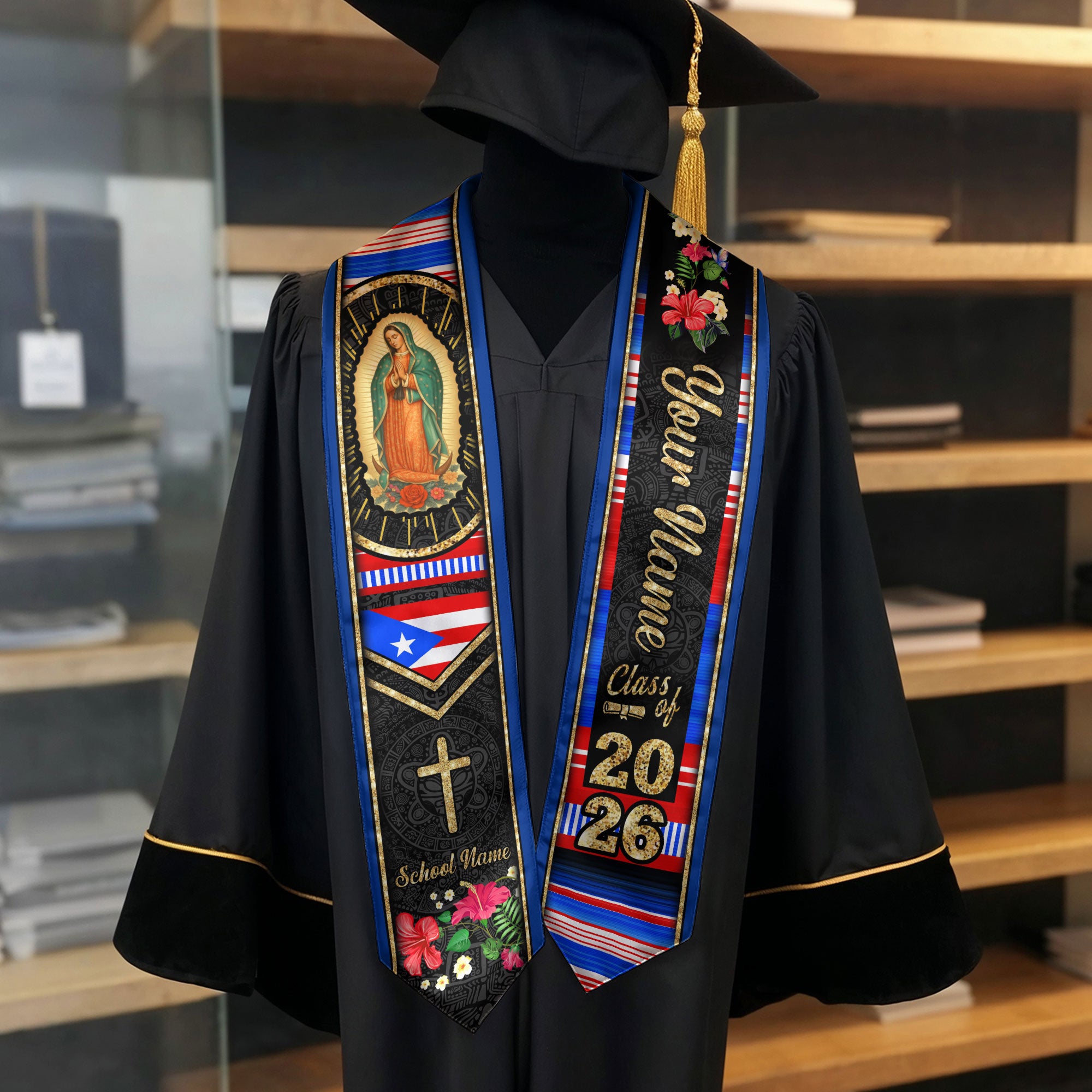 Customized Puerto Rico Graduation Stole Highlighting Puerto Rican Flag Theme, Graduation Sash Class of 2026