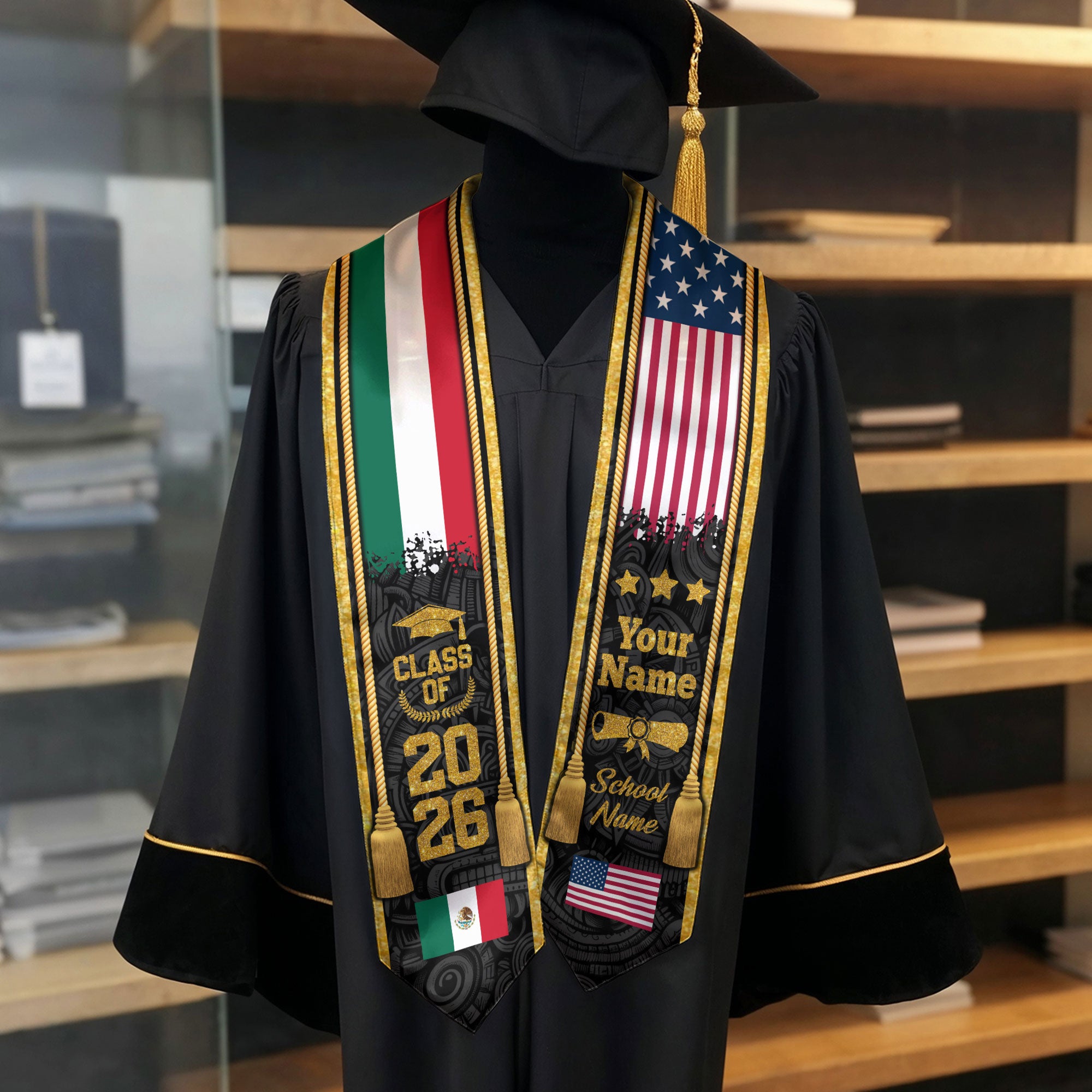 Mexico Graduation Stole 2026, Mexican Flag Sash, Tailored Detail for Class of 2026 Grads