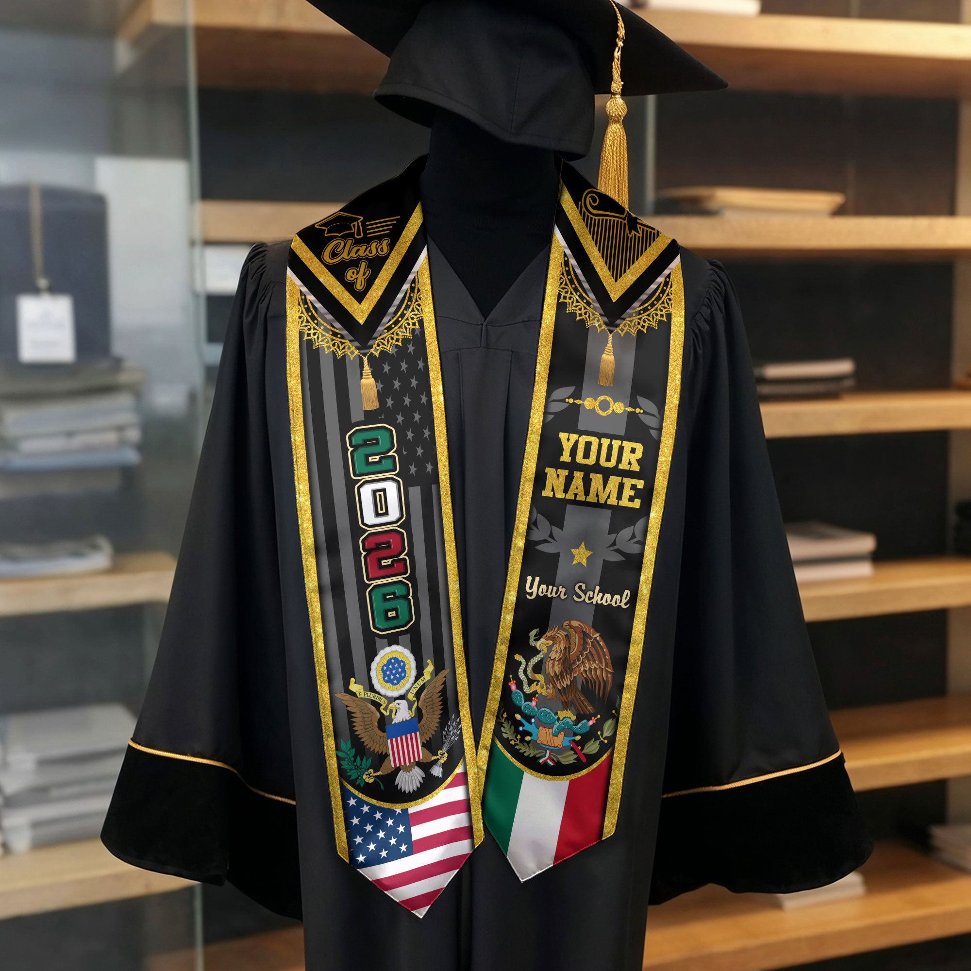 Mexican Flag Graduation Sash 2026, Mexico Stole, Signature Custom Finish for Graduates