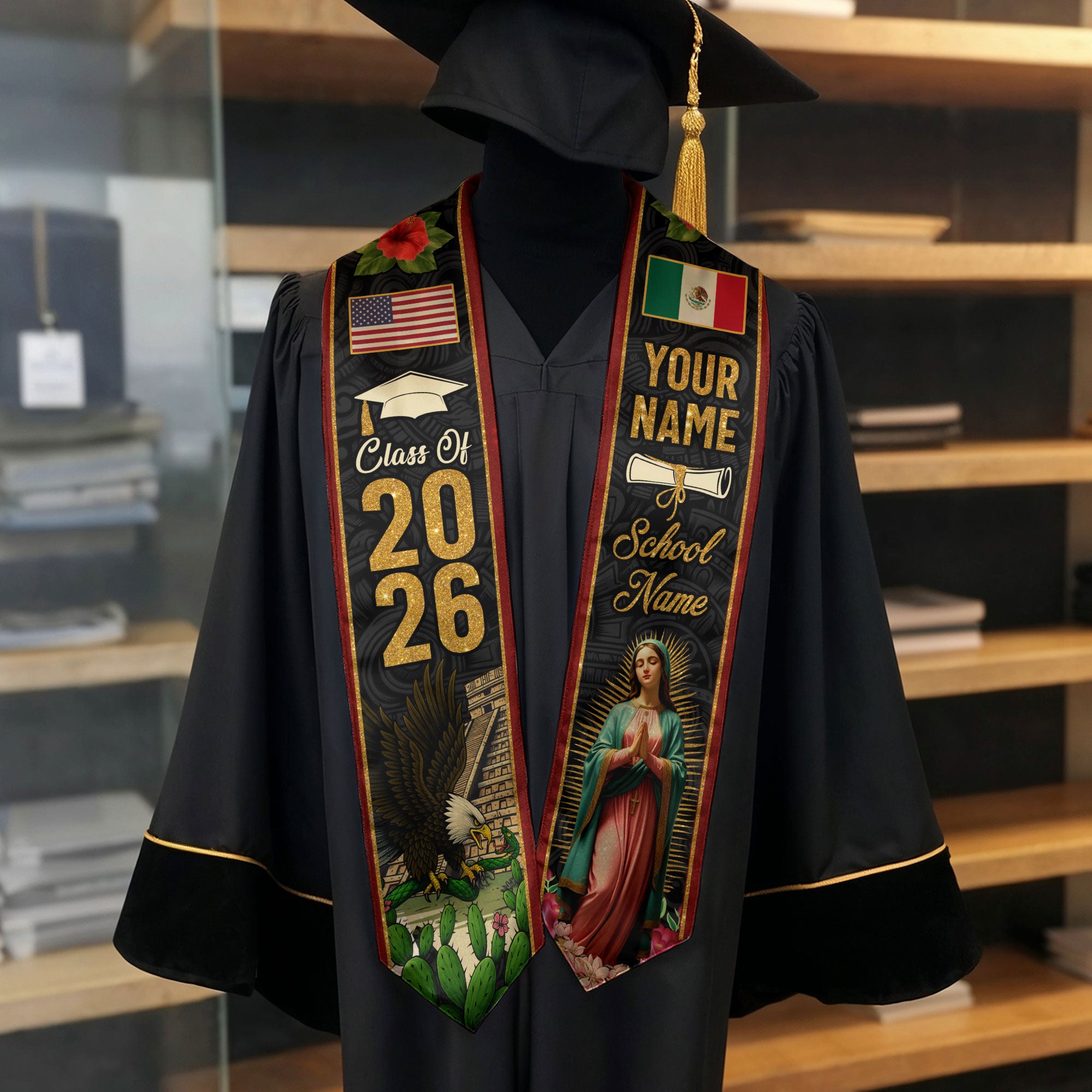 Mexican Graduation Stole 2026, Mexico Flag Sash, Personalized Accent Option for Ceremony