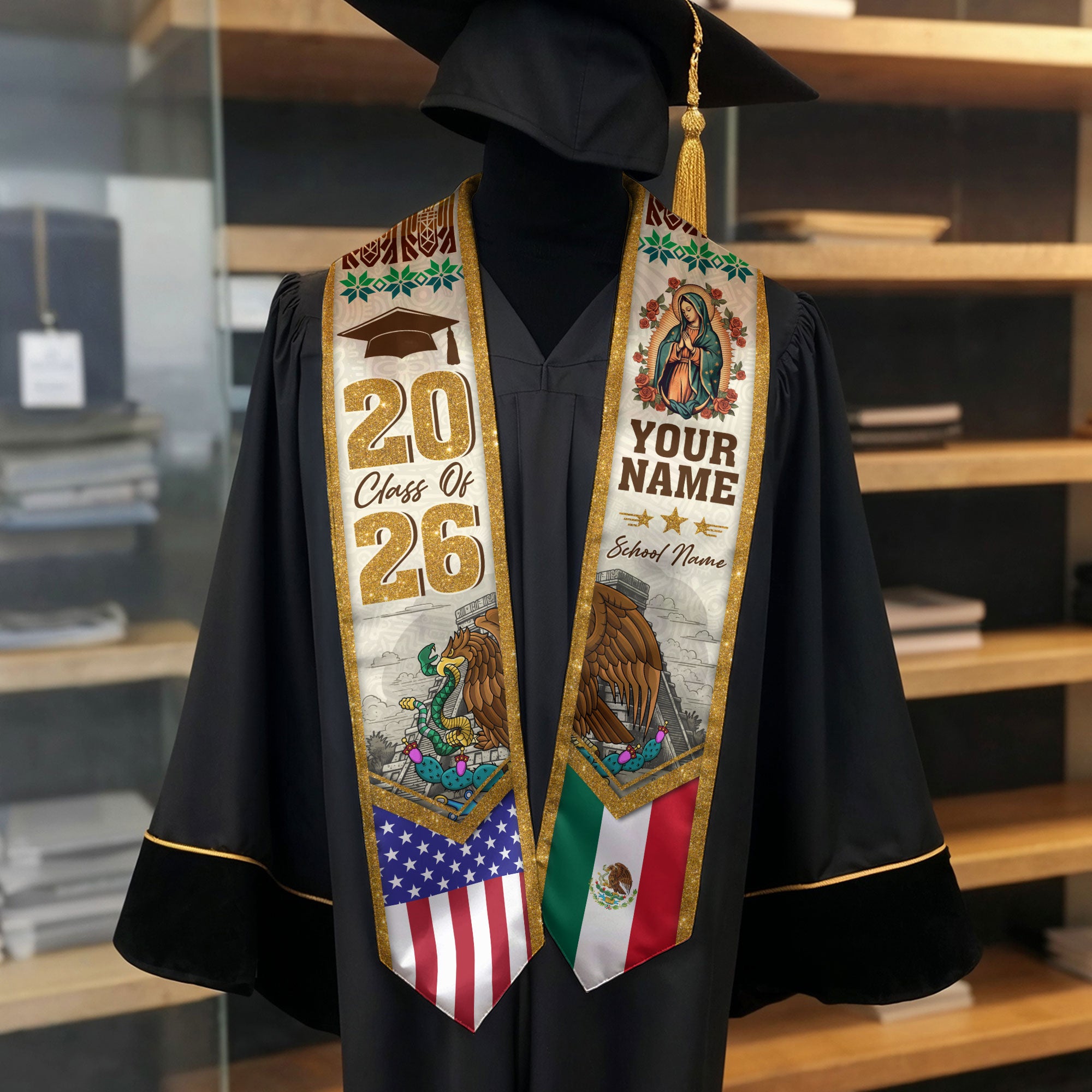 Mexican Flag Graduation Stole 2026, Mexico Sash for Grads, Personalized Detail Option