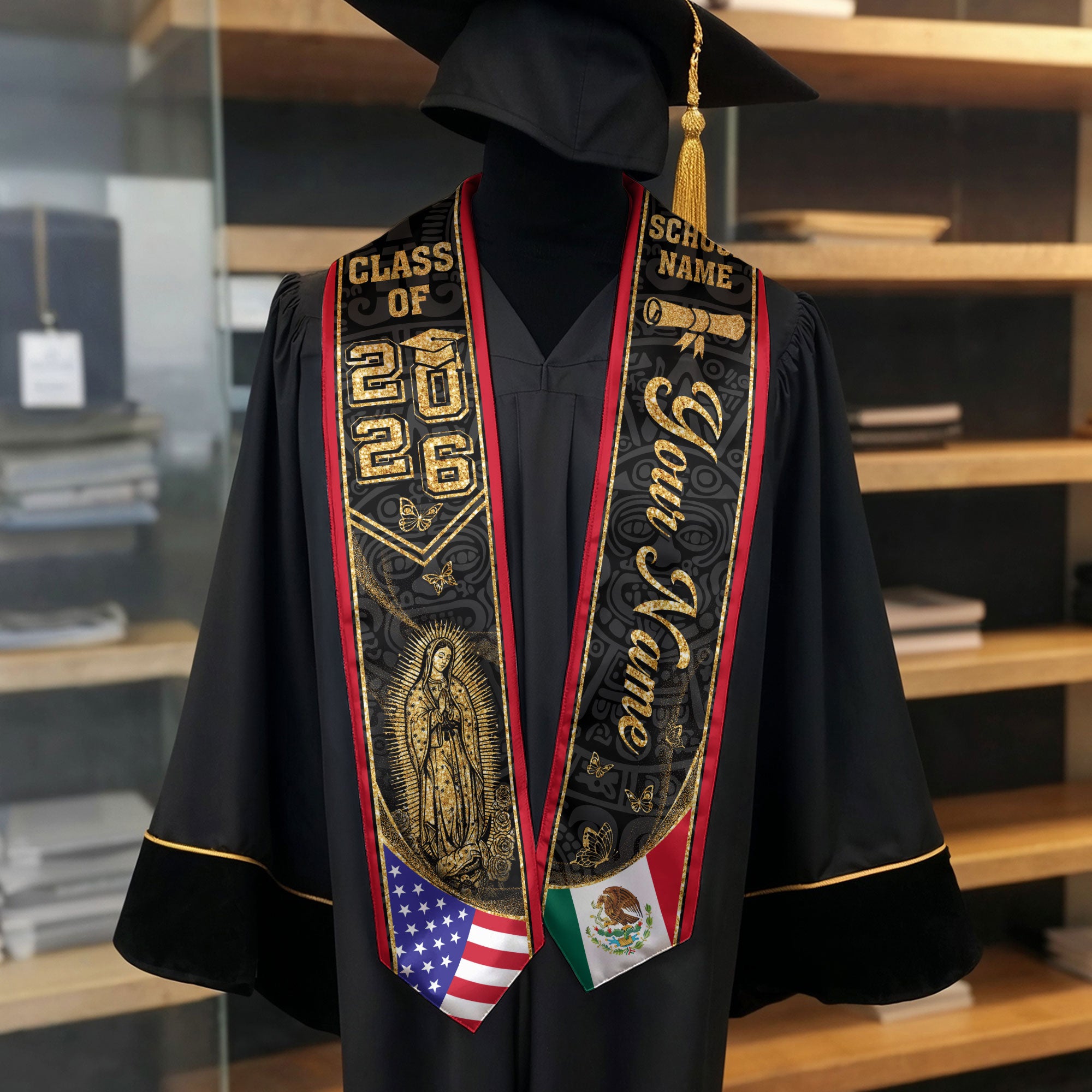 Mexican American Flag Graduation Sash 2026, Mexico Graduation Stole, Mexican Stole