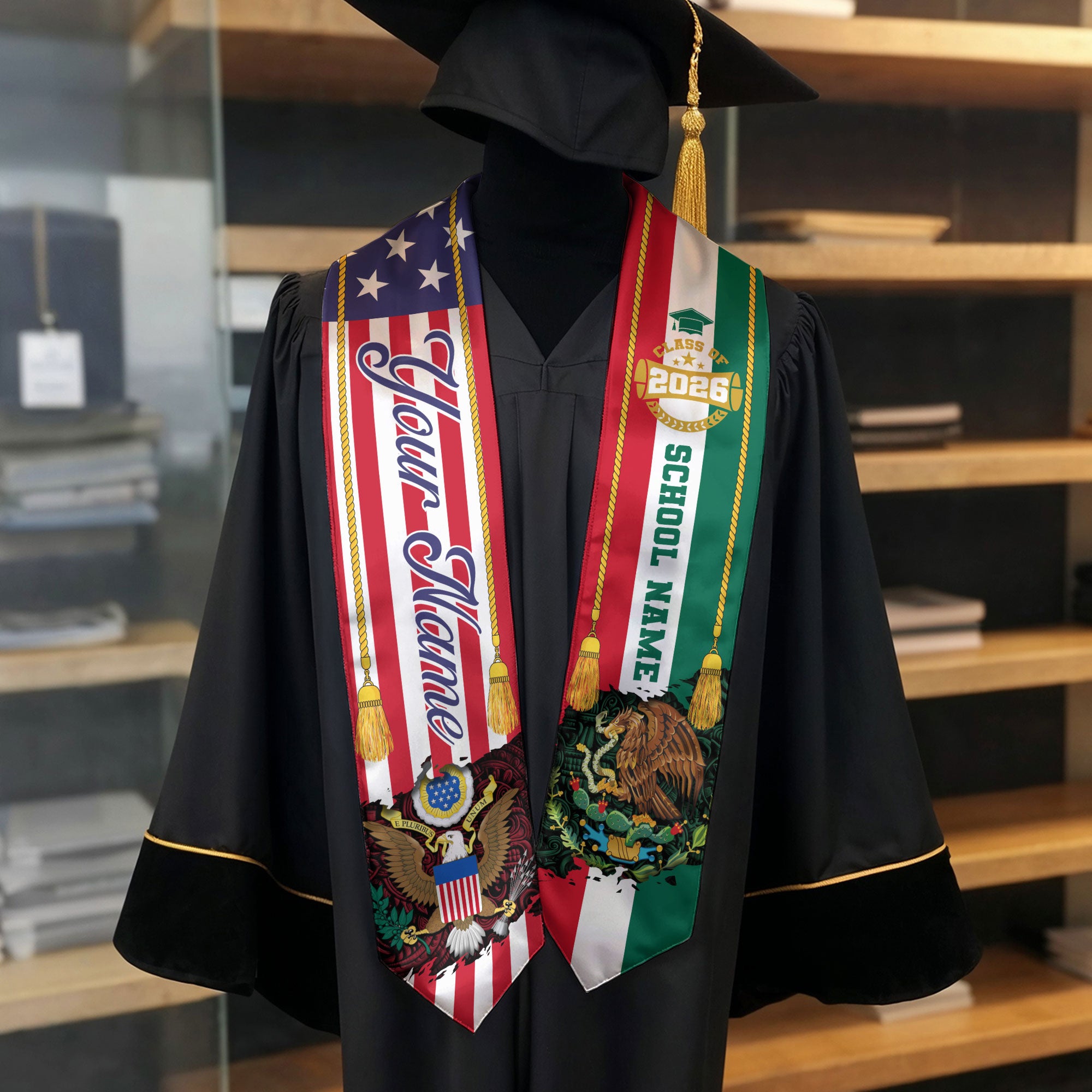 Mexican Graduation Sash 2026, Mexico Graduation Stole, Mexican American Flag Grad Stole