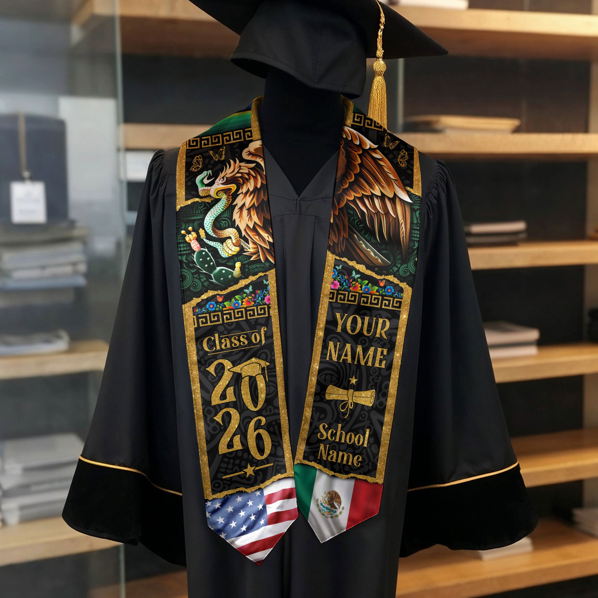 Mexican American Flag Graduation Stole 2026, Mexico Stole, Mexican Graduation Sash