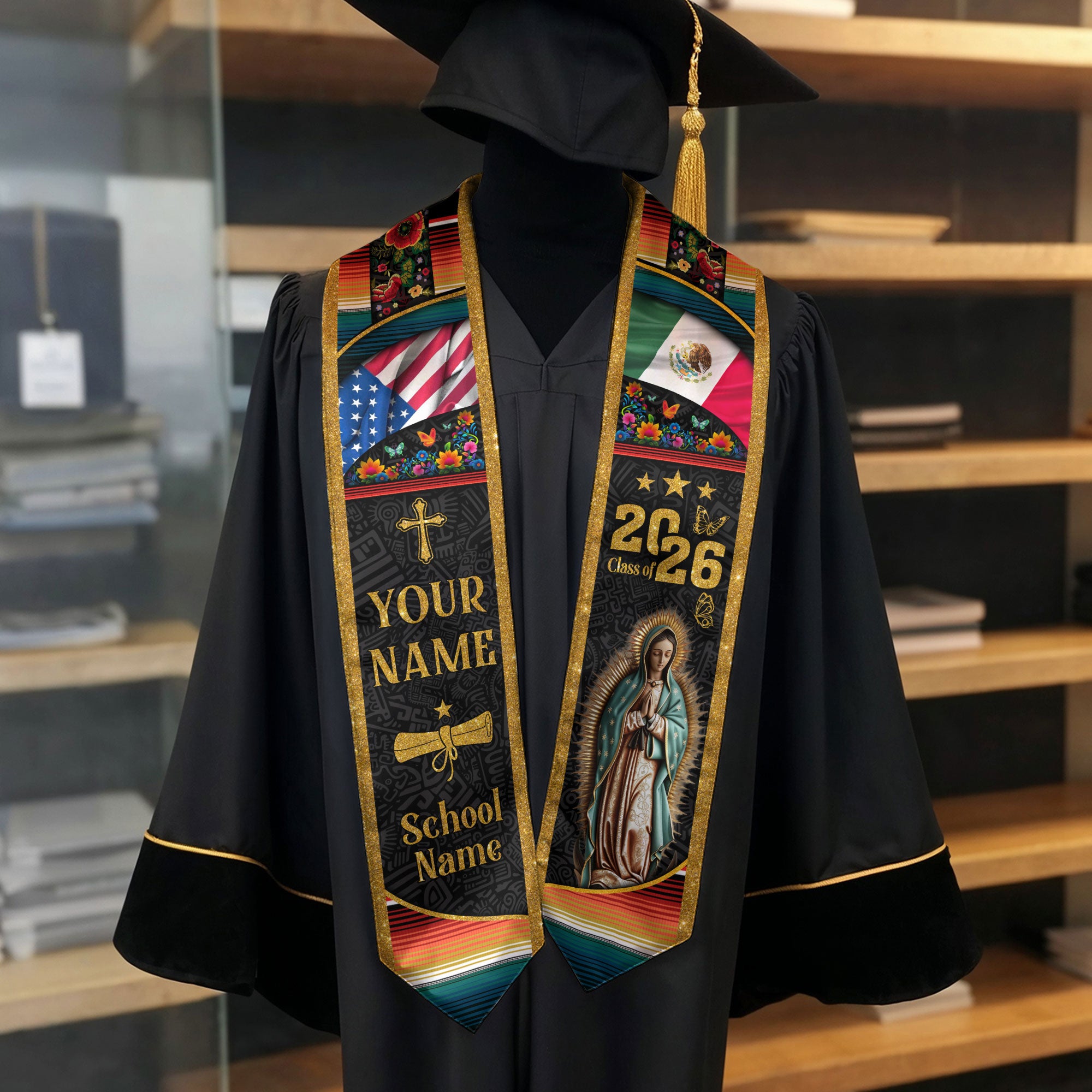 2026 Mexican Graduation Stole, Mexico Flag Stole, Mexican Stole for Graduation