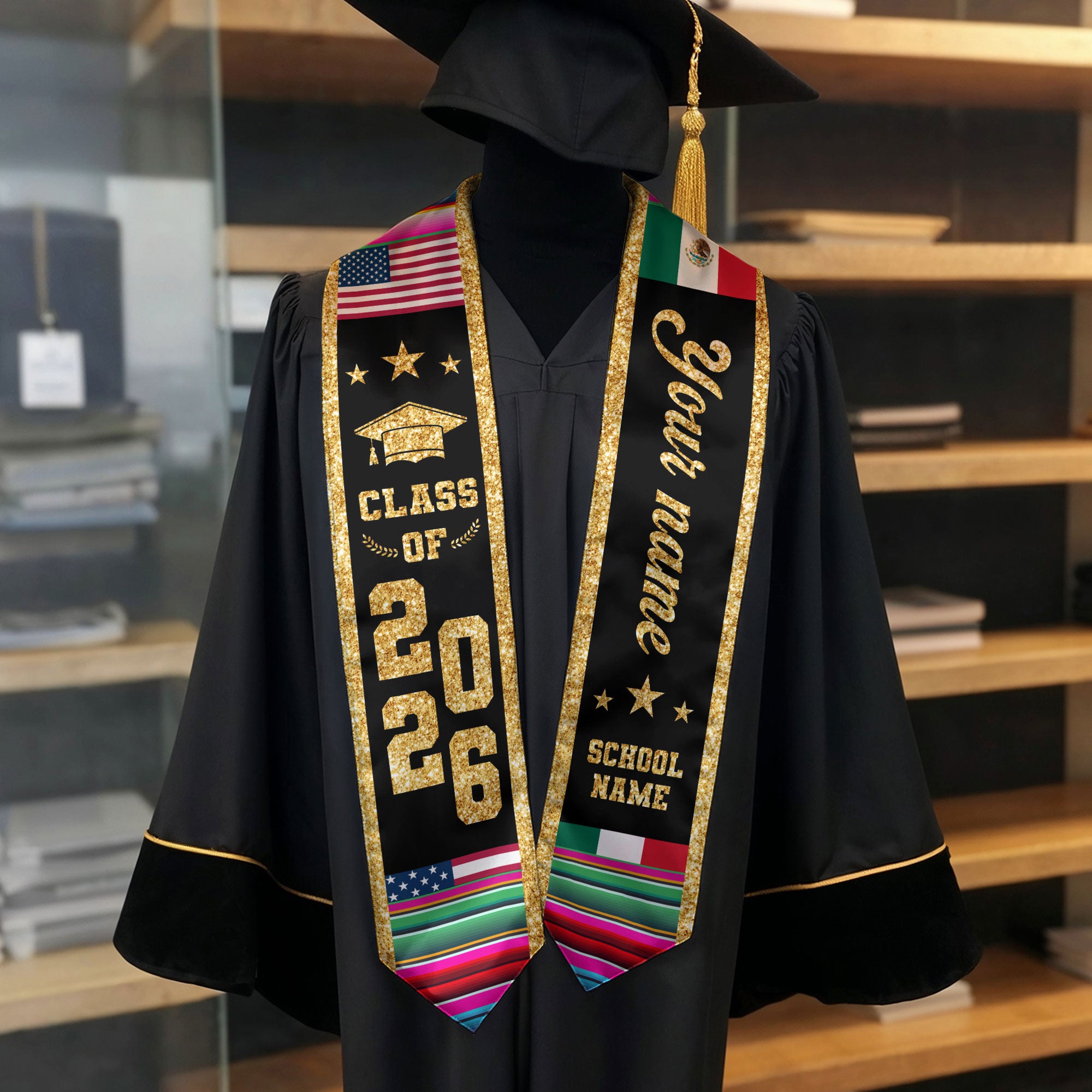 2026 Mexico Stole for Graduation, Mexican Flag Sash, Optional Personal Detail for Grads