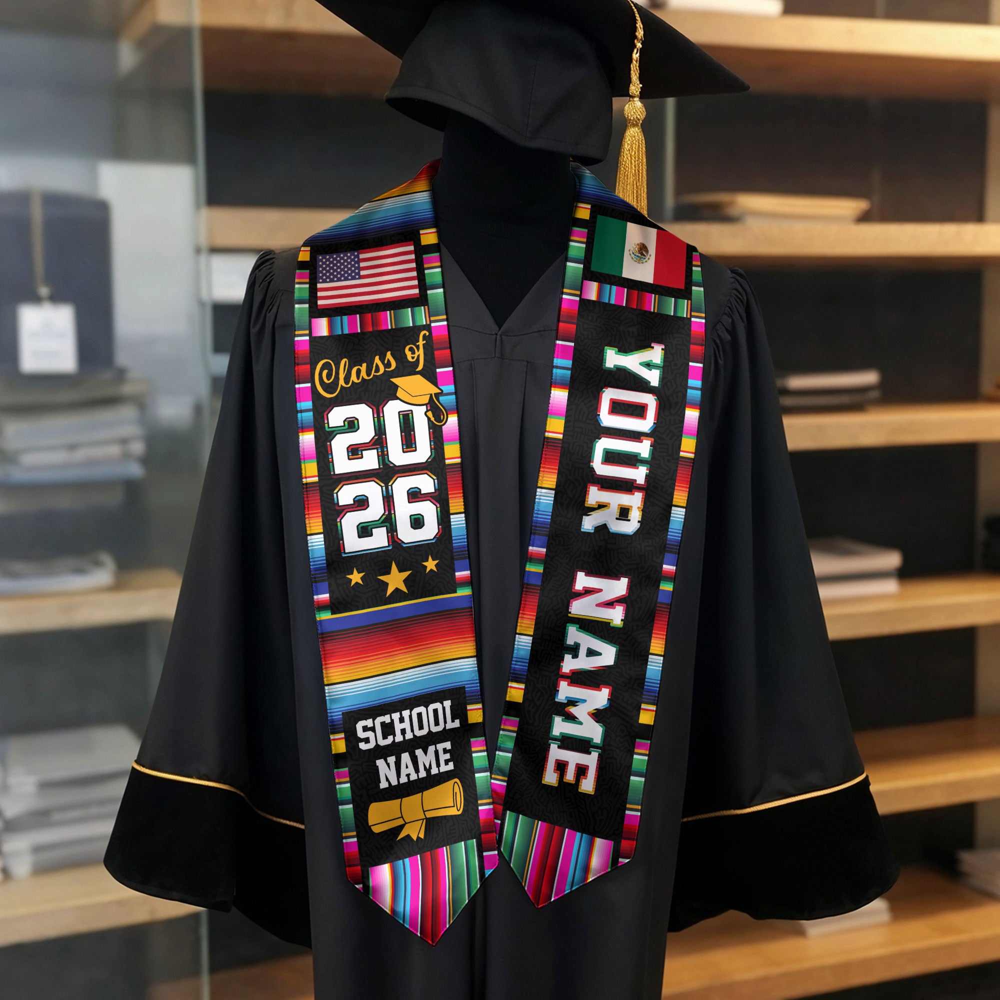 Mexico Flag Graduation Sash 2026, Mexican Stole for Graduates, Personal Detail Available