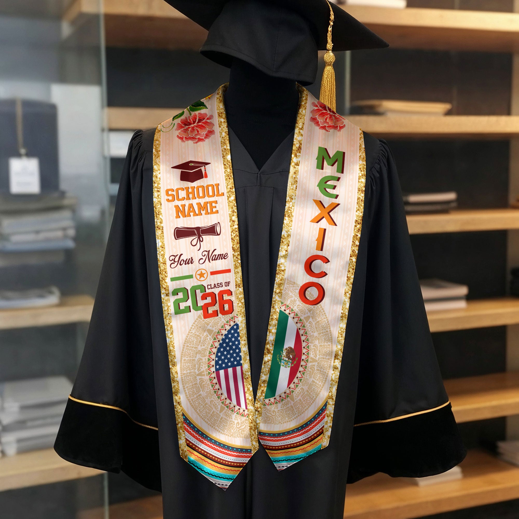 2026 Mexican Flag Graduation Stole, Mexico Graduation Sash, Add Your Details Option