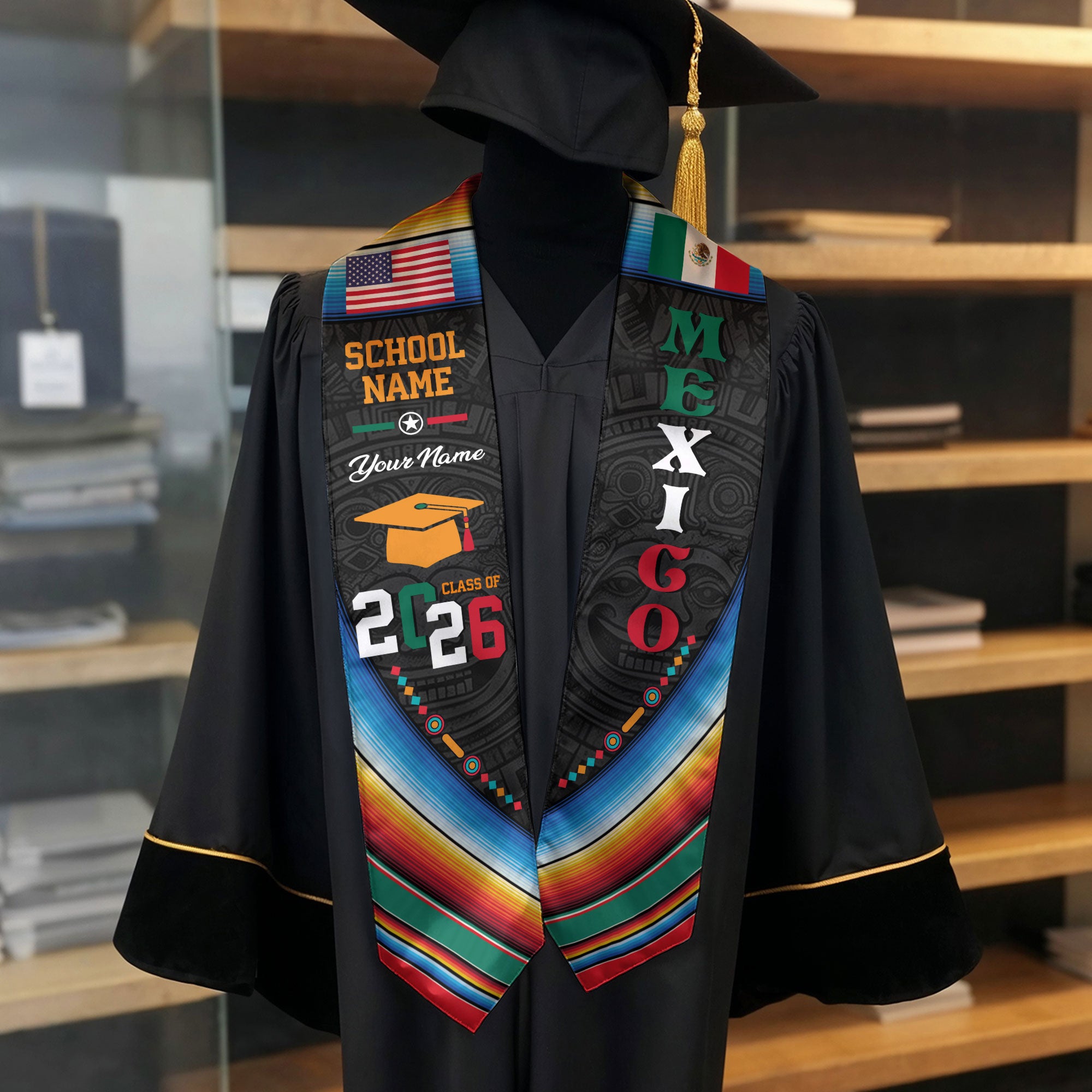 Mexico Graduation Sash 2026, Mexico Flag Stole for Grads, Optional Personal Detail Touch