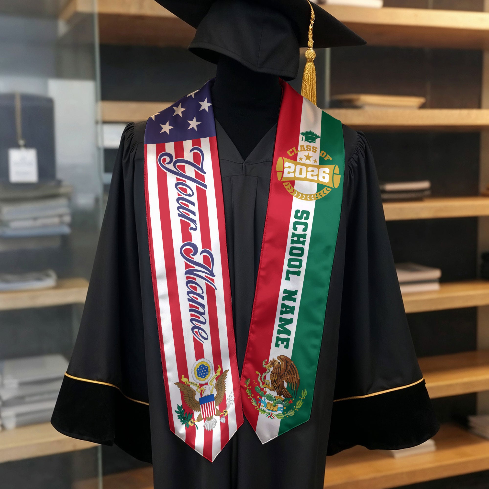 2026 Mexico Graduation Stole, Mexican Flag Sash, Personal Detail Option for Graduation Day