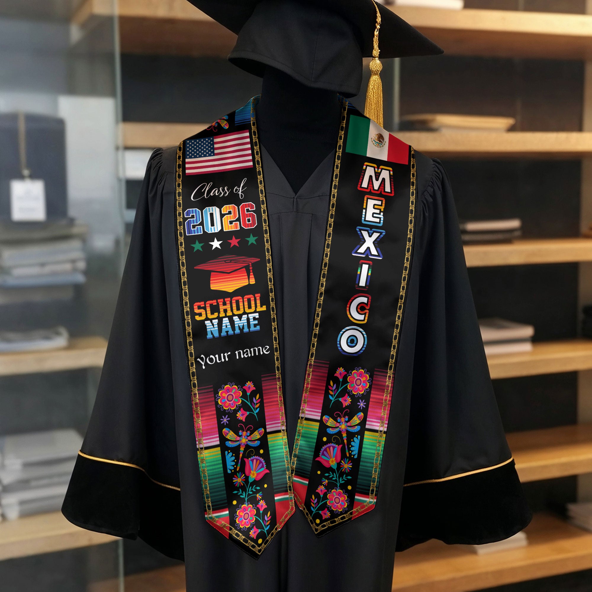 Mexican Flag Stole 2026, Mexico Graduation Sash for Graduates, Personalized Detail Option