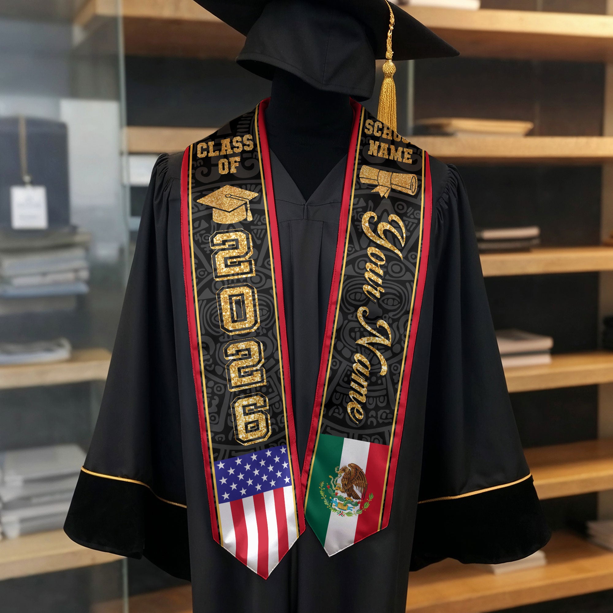 2026 Mexican Graduation Sash, Mexico Flag Stole, Personal Detail Option for Class of 2026