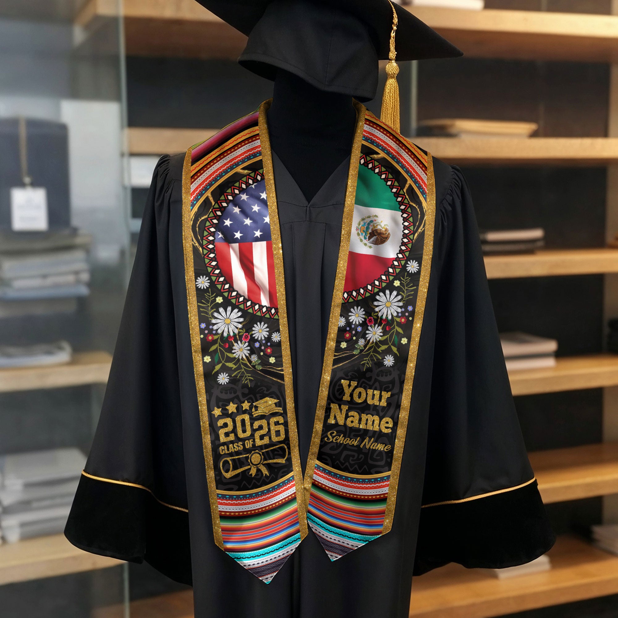 Customized Mexico Graduation Stole with Mexican Flag Heritage Pattern, Graduation Sash for the Class of 2026
