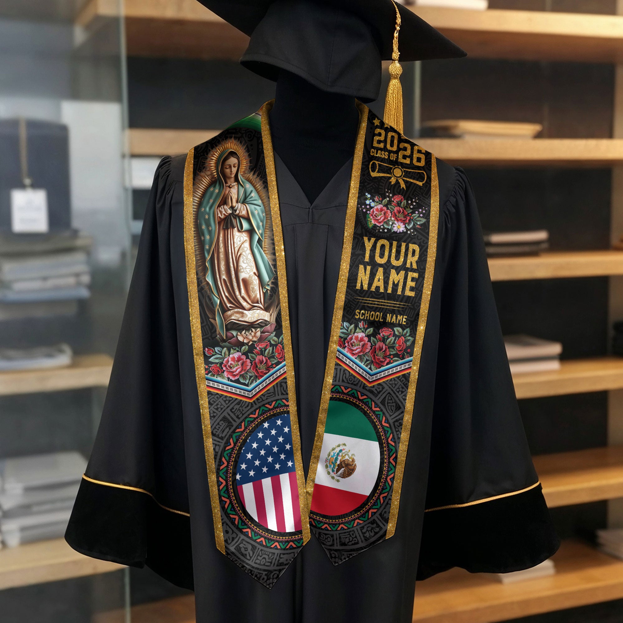 Customized Mexican Graduation Stole Showcasing National Flag Motif, Graduation Sash for Class of 2026