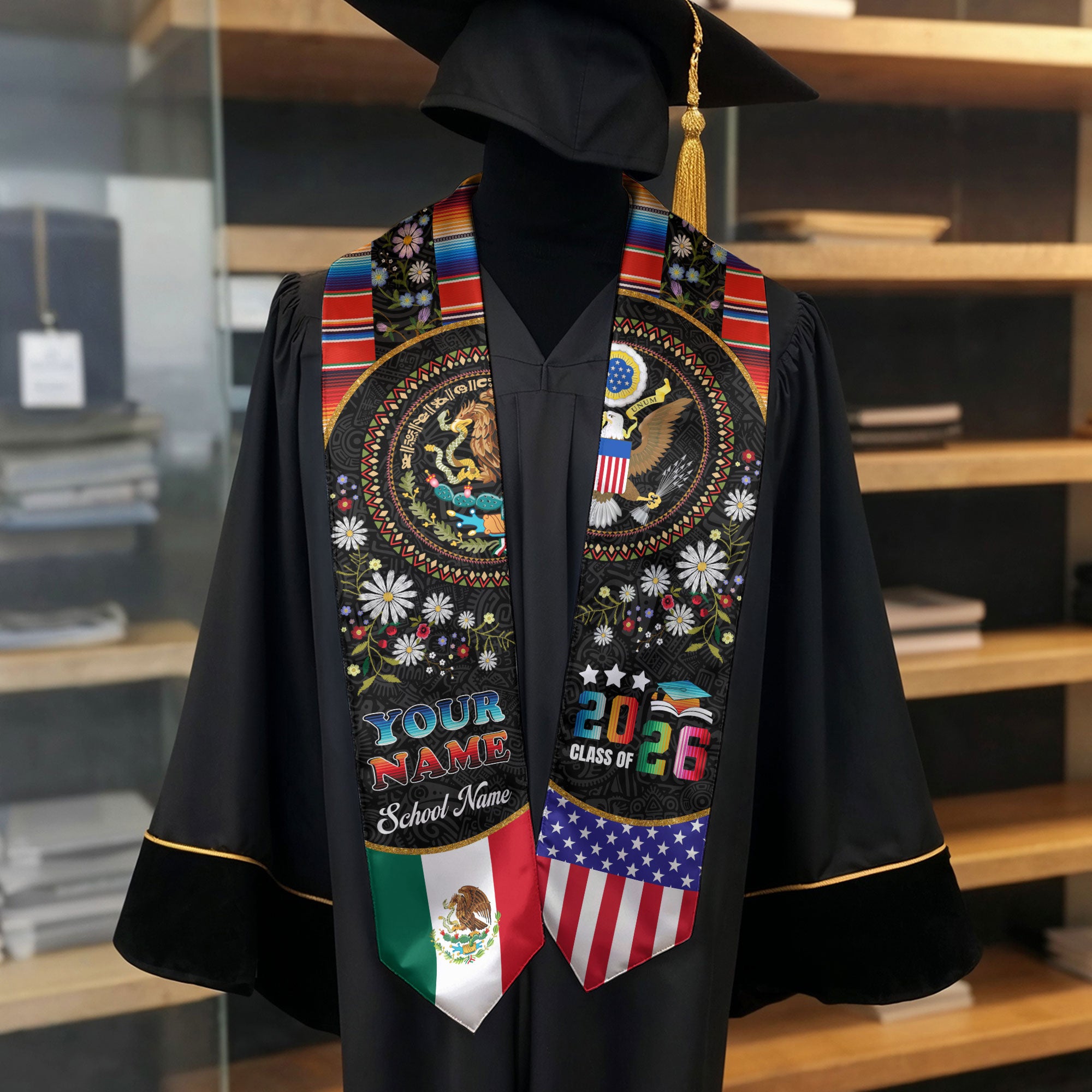 Customized Mexico Graduation Sash Featuring Traditional Flag Colors, Ceremony Stole for Class of 2026