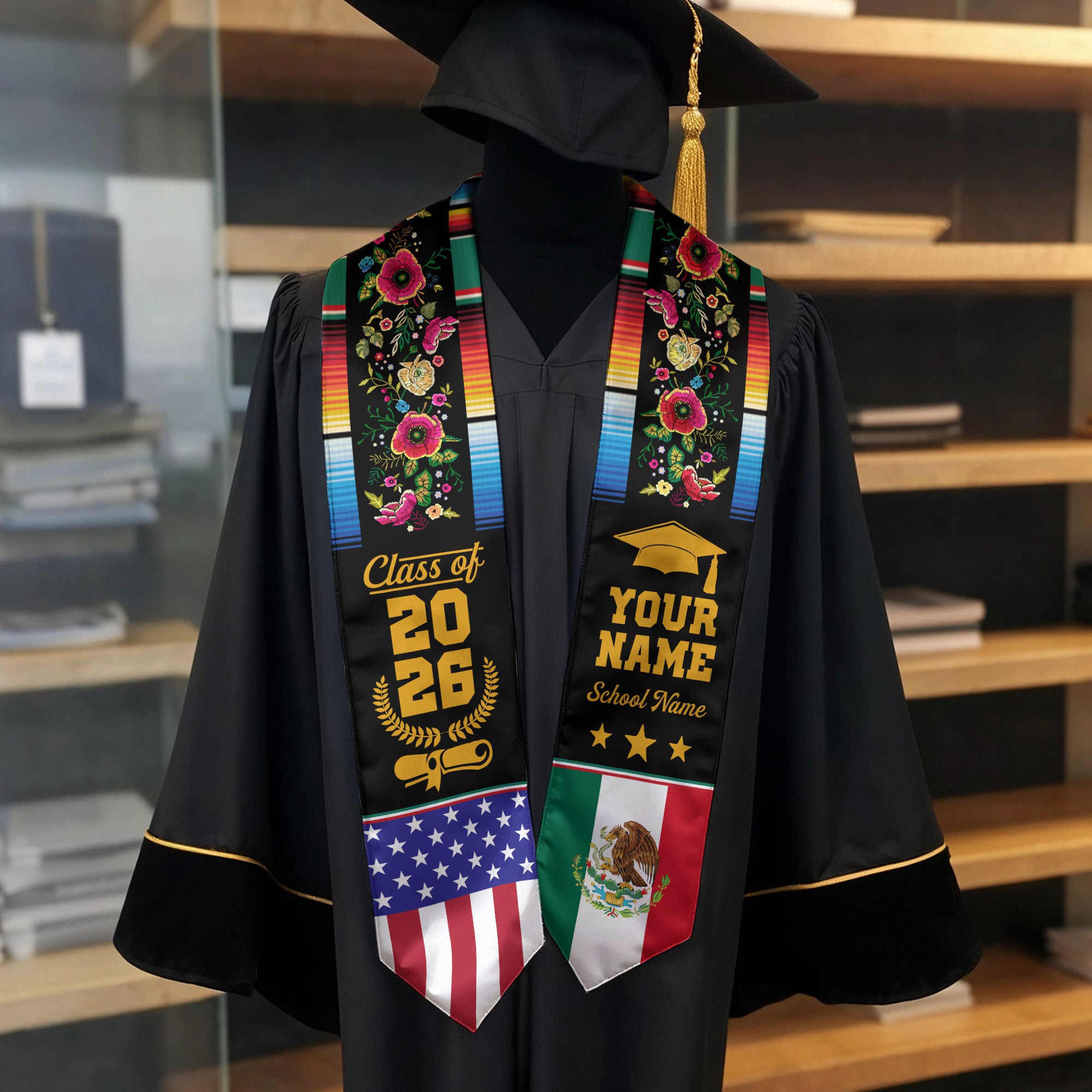Mexico Flag Graduation Stole 2026, Mexican Graduation Sash, Optional Detail Add-On