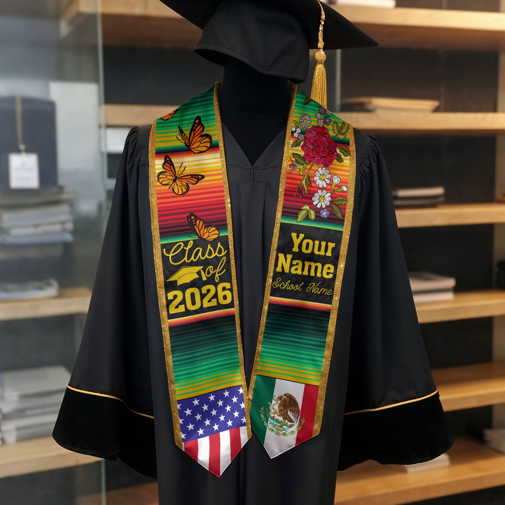 2026 Mexico Flag Stole for Grads, Mexican Graduation Sash, Personal Detail Option Included