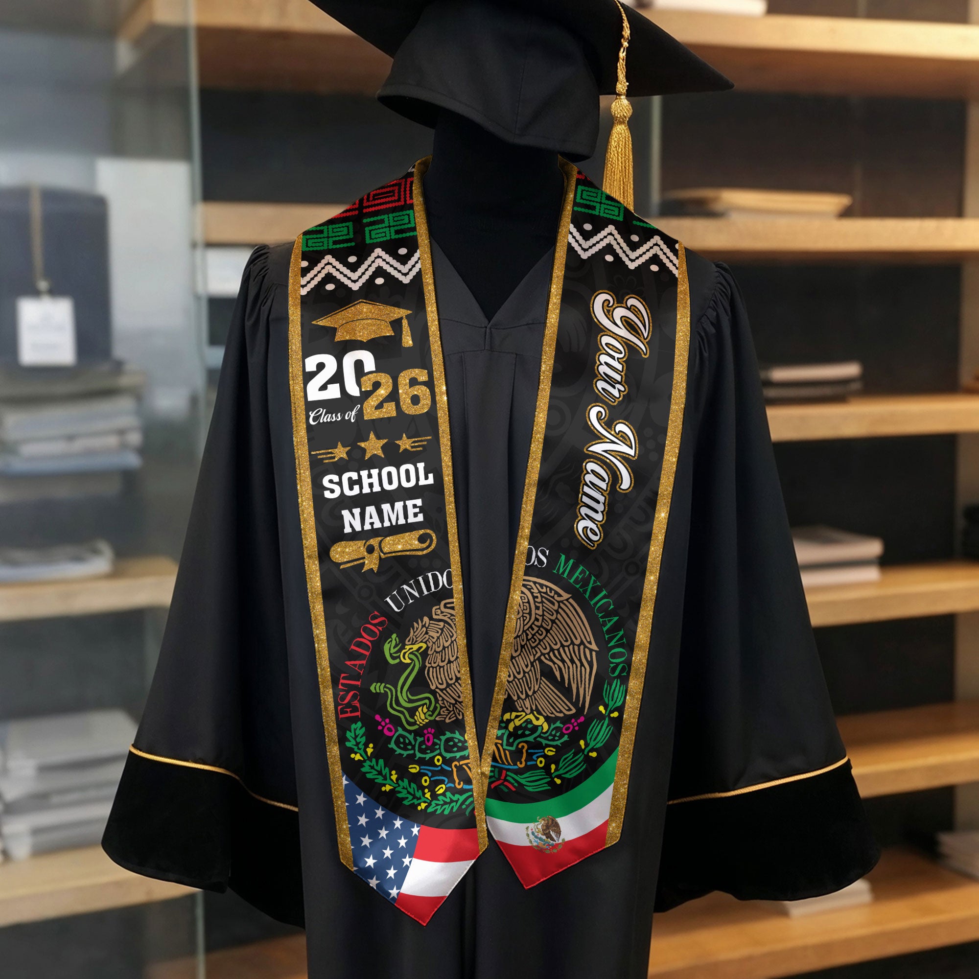 Mexican Graduation Stole 2026, Mexican Flag Sash, Personal Detail Option for Proud Families
