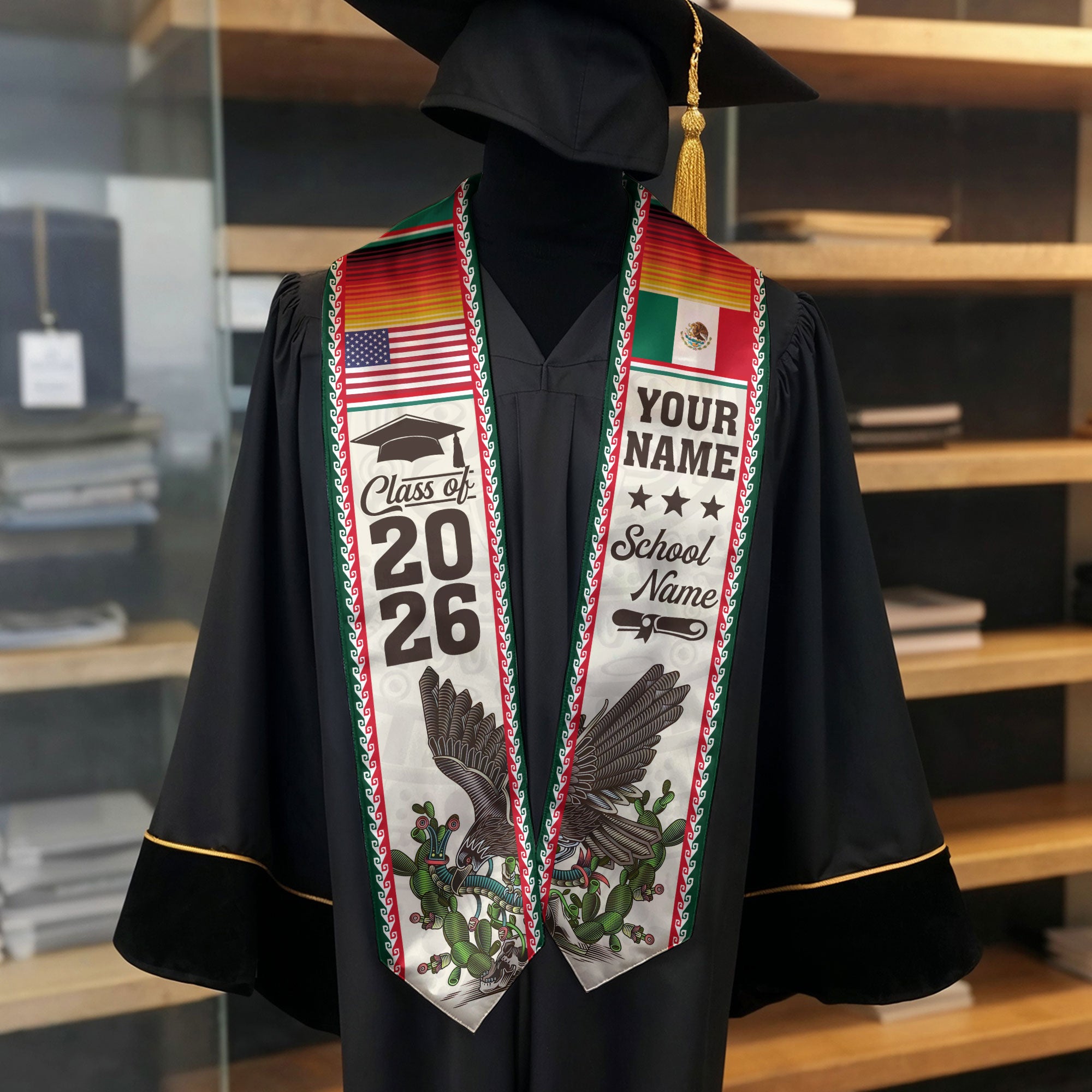 2026 Mexico Graduation Sash, Mexico Flag Stole for Graduation, Detail Option Available