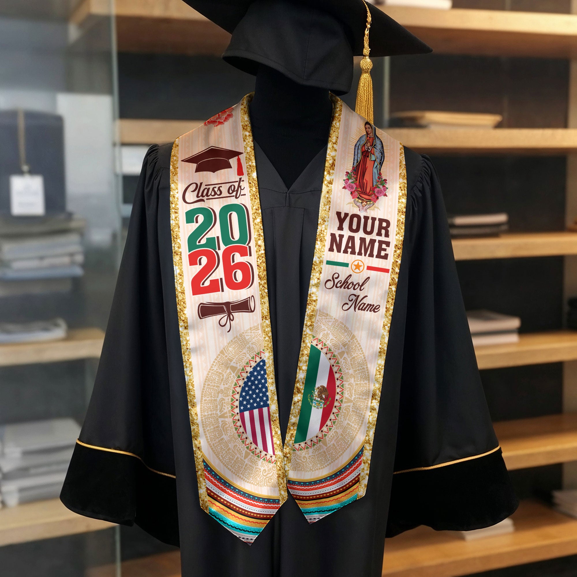 Mexico Flag Graduation Stole 2026, Mexico Sash for Ceremony, Personalized Detail Option
