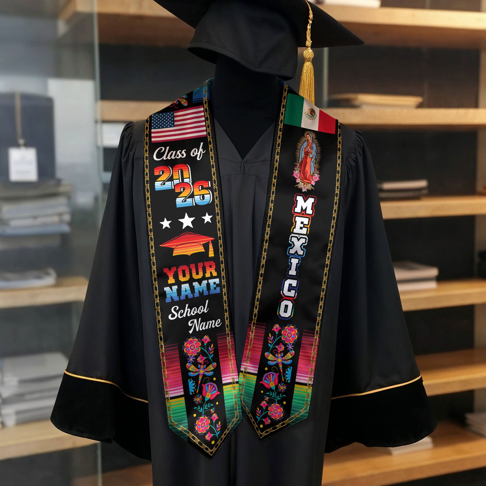 2026 Mexican Flag Graduation Sash, Mexico Graduation Stole, Add Details Option for Photos