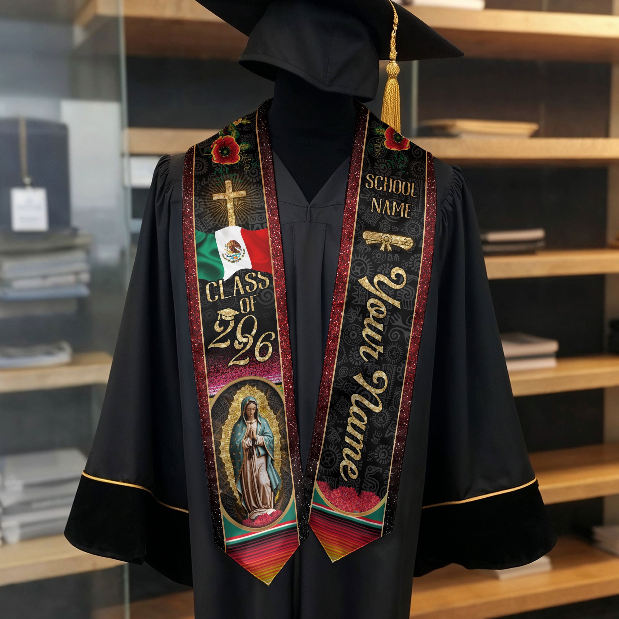 Mexico Graduation Stole 2026, Mexican Flag Sash, Personalized Detail Options, Graduation Stole