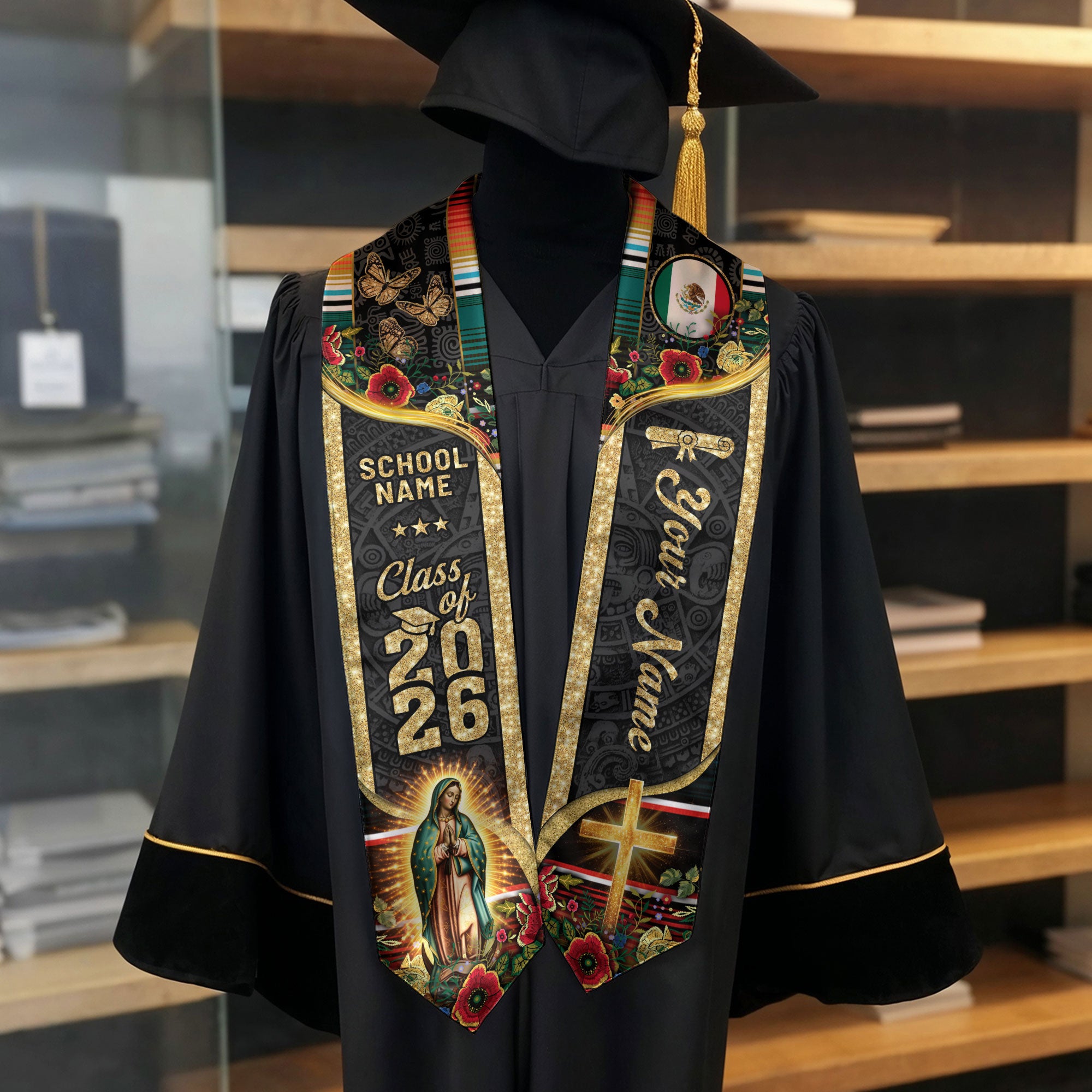 2026 Mexican Flag Graduation Sash, Mexico Stole, Personal Name & Year Detail Option