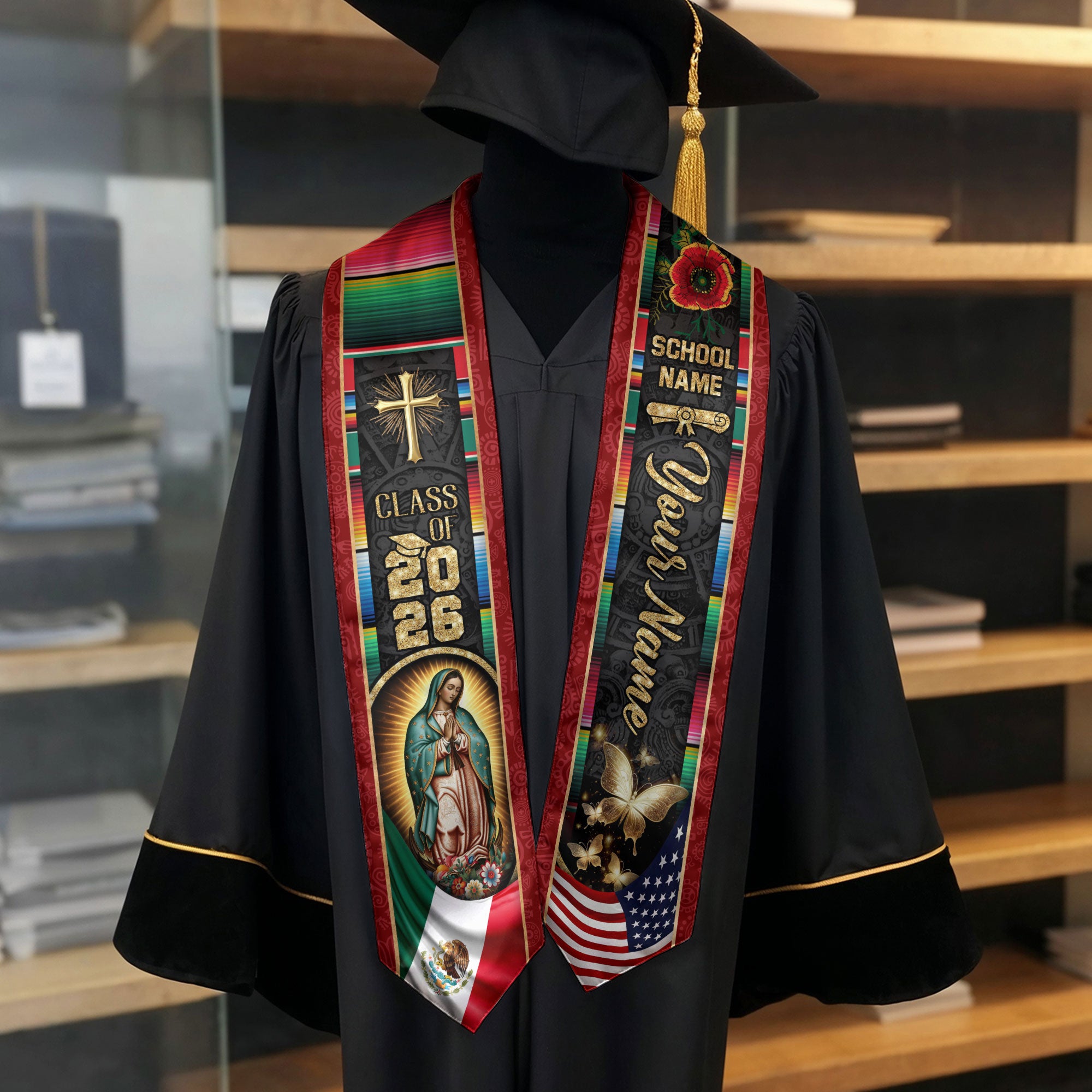 Mexican Graduation Sash 2026, Mexico Flag Stole, Add Name Detail for Ceremony Photos