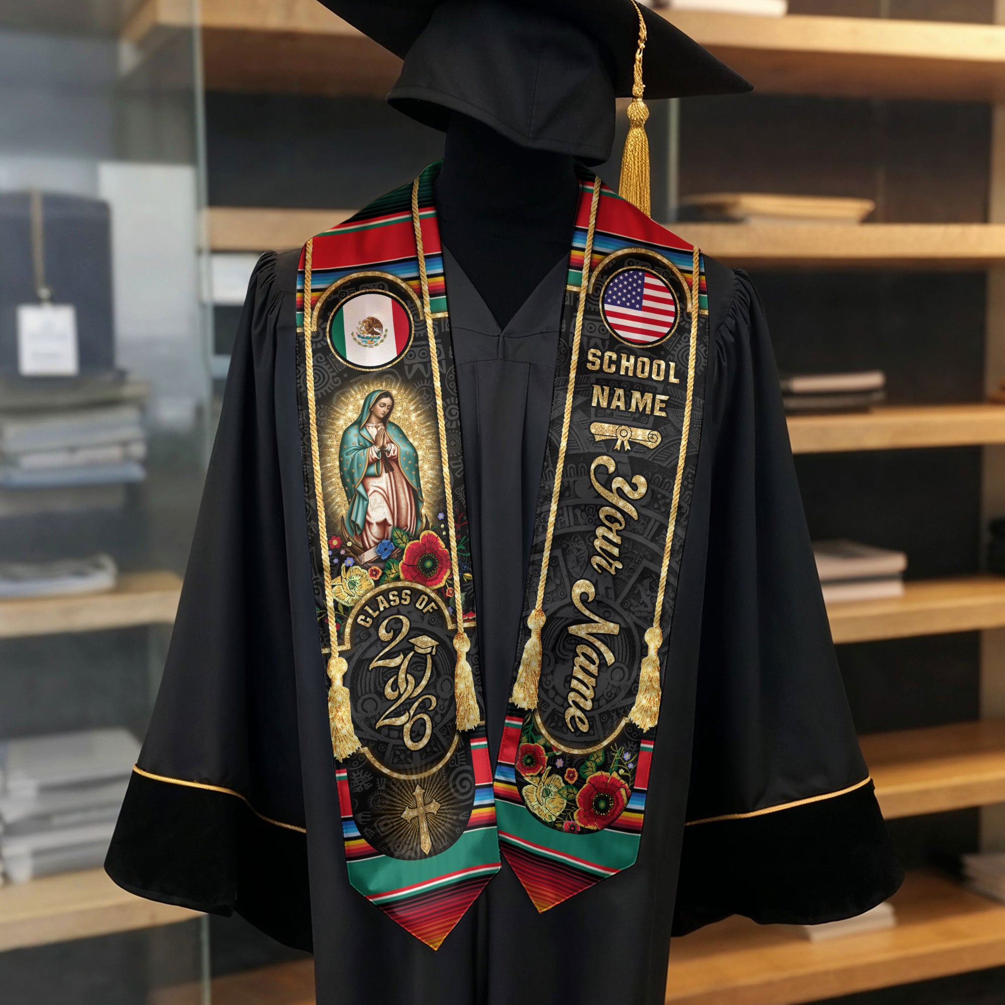 2026 Mexico Flag Graduation Stole, Mexican Sash, Name Detail Option for Class of 2026