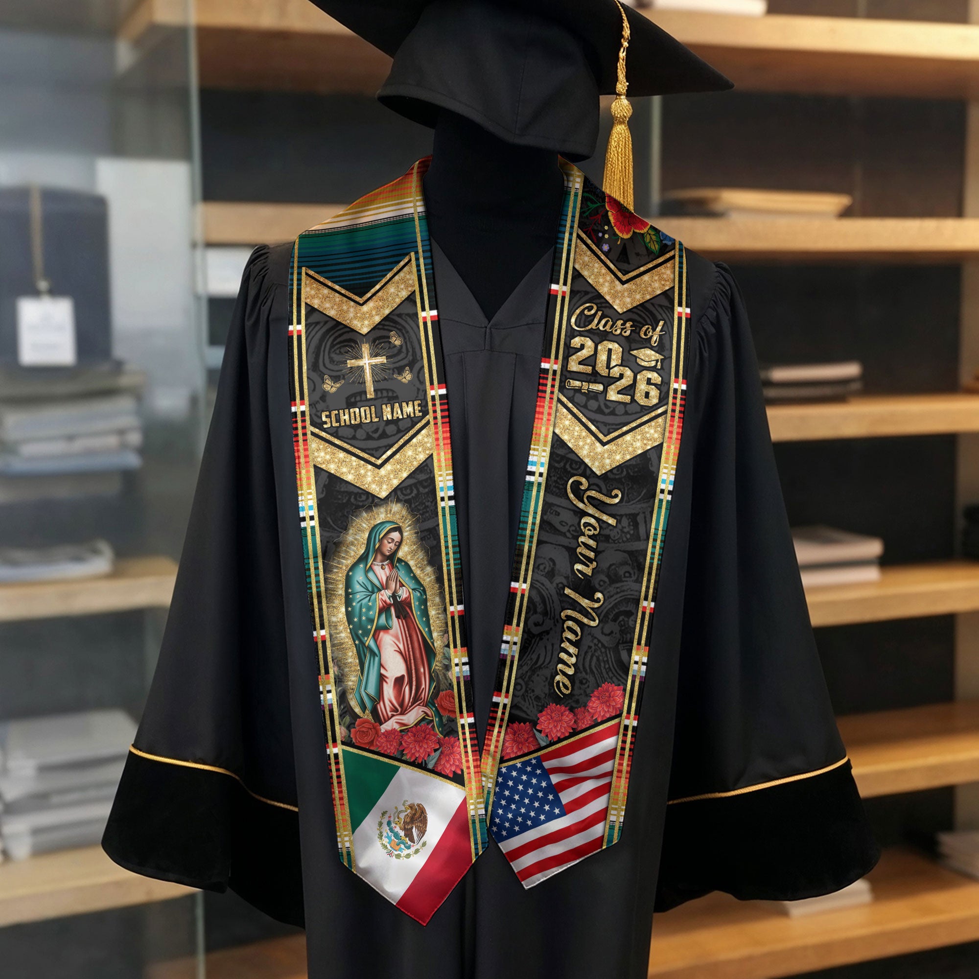 Mexico Flag Graduation Stole 2026, Mexican Graduation Sash, Add Your Name Detail Option