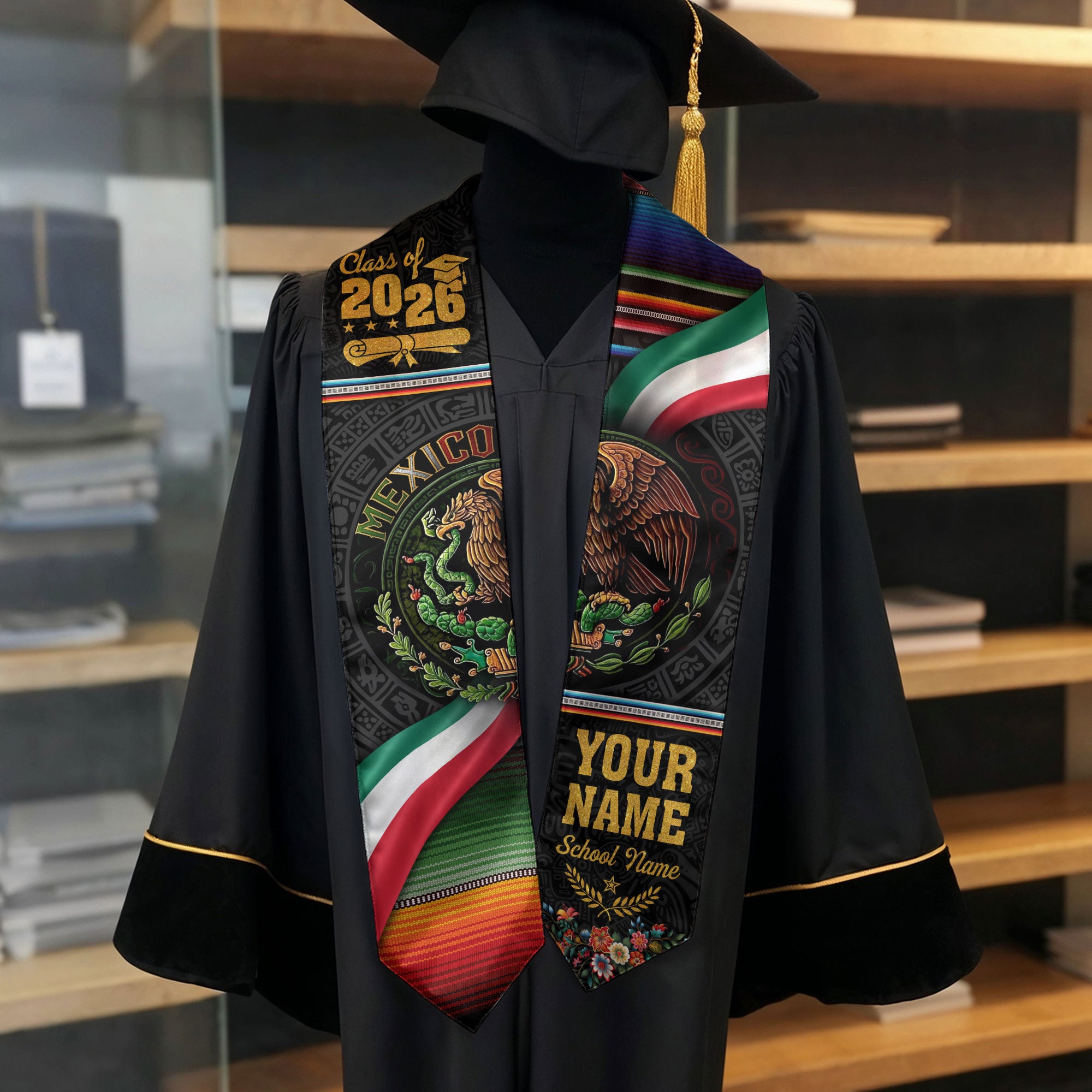2026 Mexican Graduation Sash, Mexico Flag Stole, Choose Name & Year Detail for Graduates
