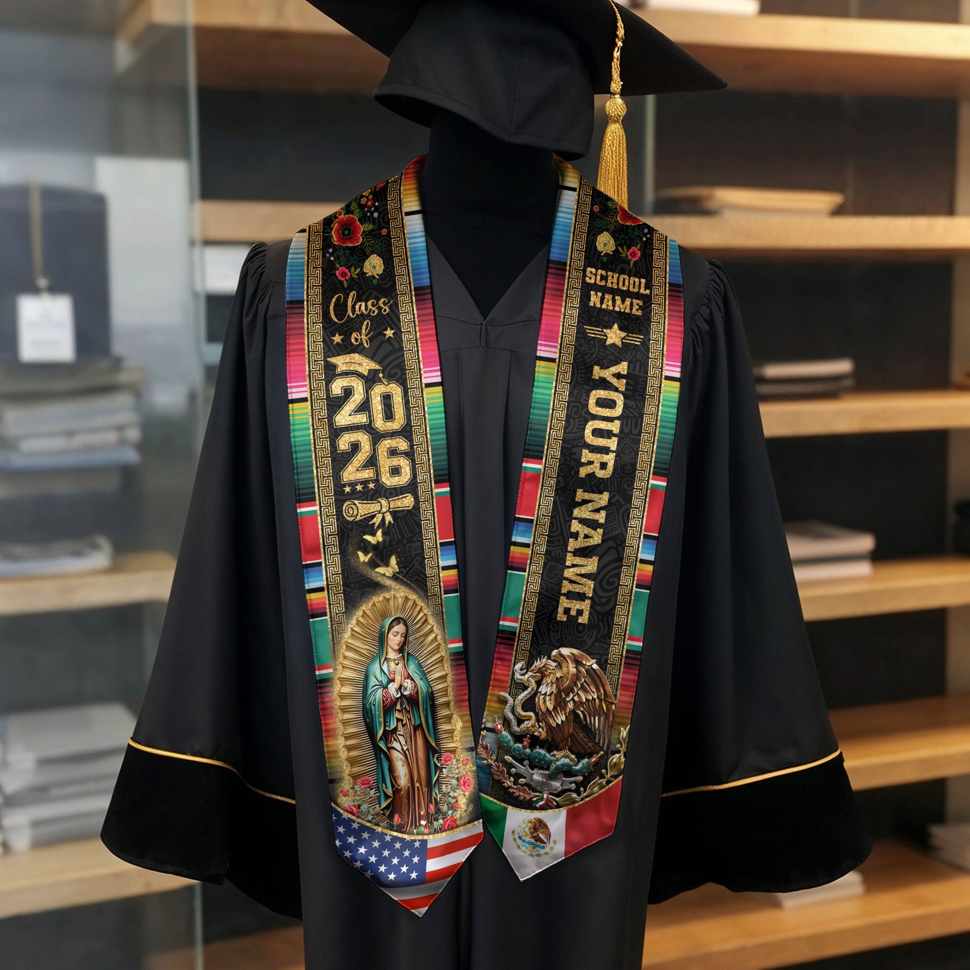 Mexican Flag Graduation Stole 2026, Mexico Sash for Graduation, Personalization Option