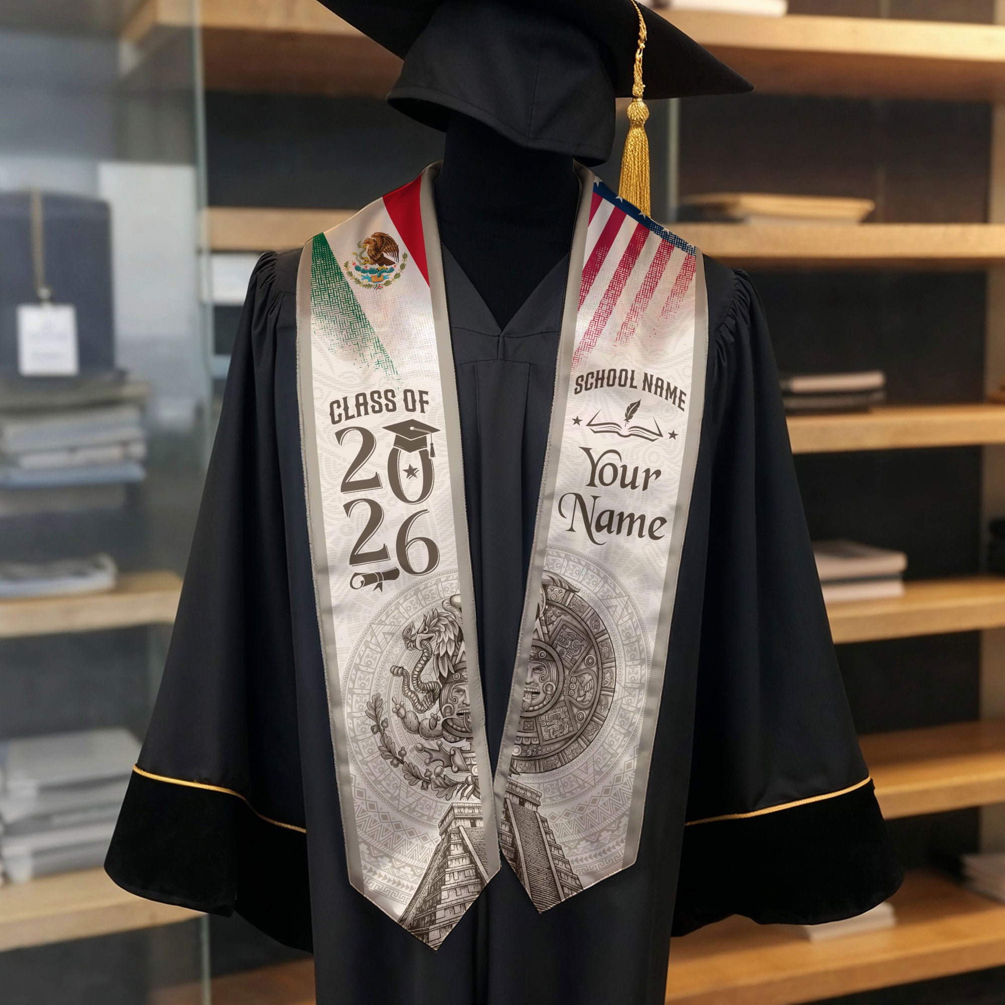2026 Mexico Flag Sash for Graduation, Mexican Stole for Graduates, Add Name Detail