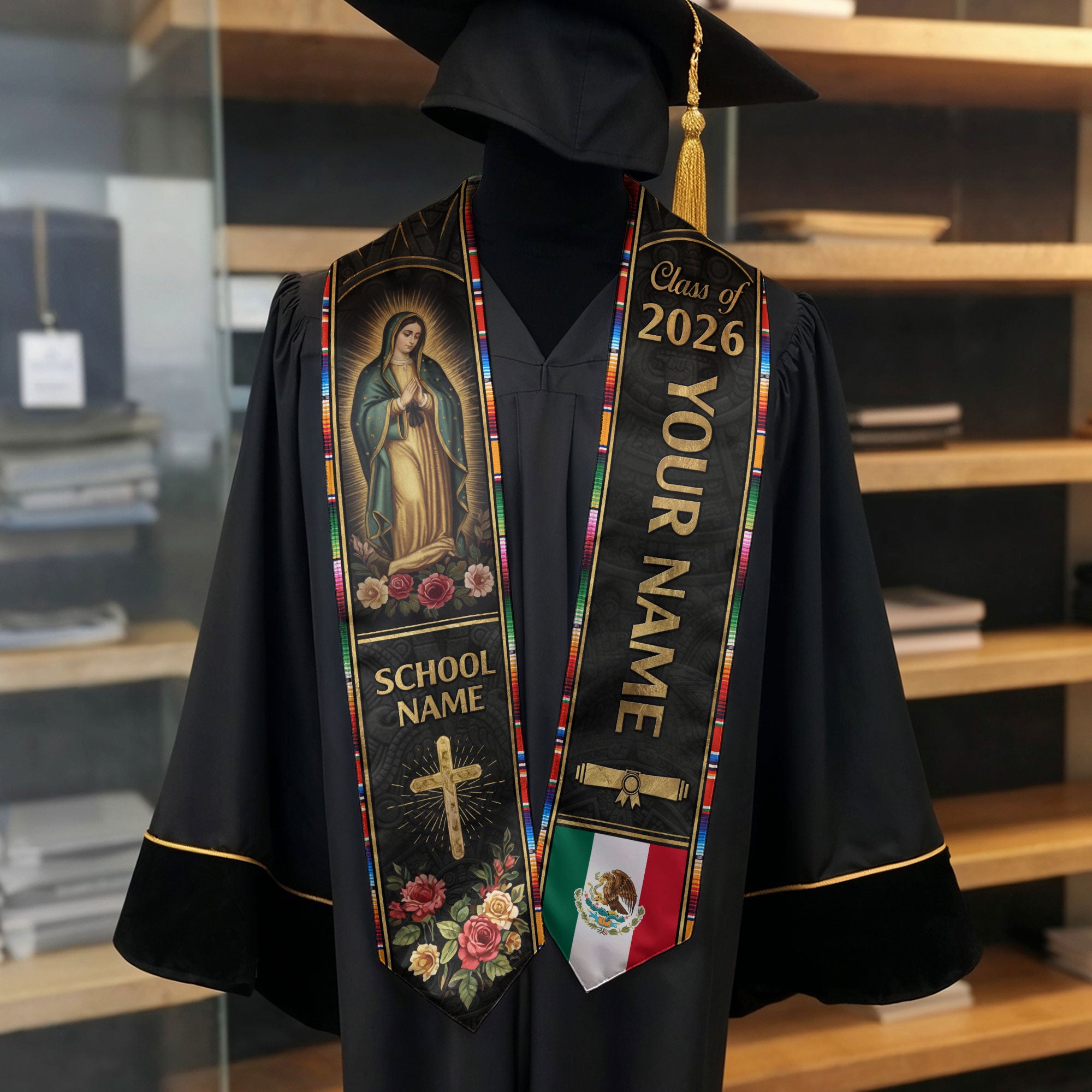 2026 Mexican Flag Stole for Graduation, Mexico Sash, Optional Name & Class Year Detail